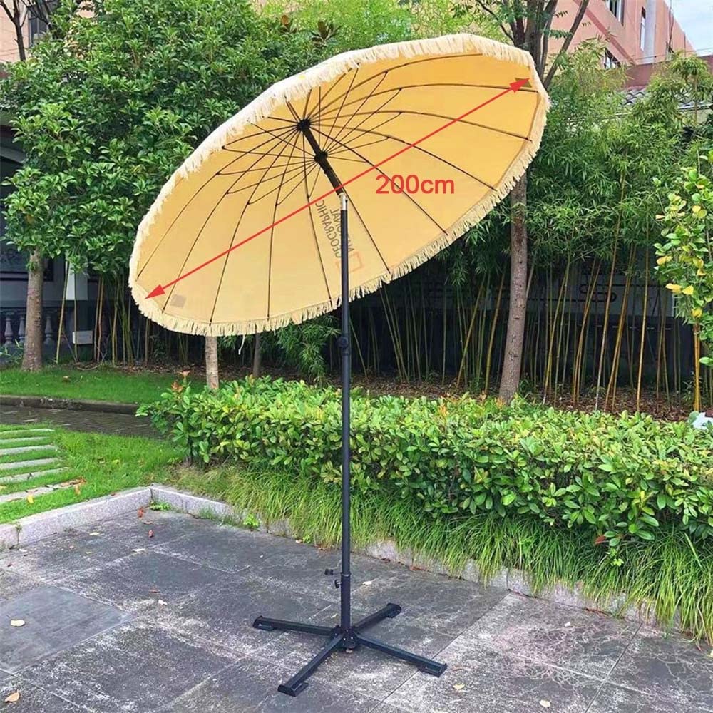 WEBUP Shanghai Parasol Fringe Patio Umbrella Round Shanghai Umbrella with Tassels Tilting Beach Umbrella Vintage Garden Umbrella-Beige : Patio, Lawn & Garden