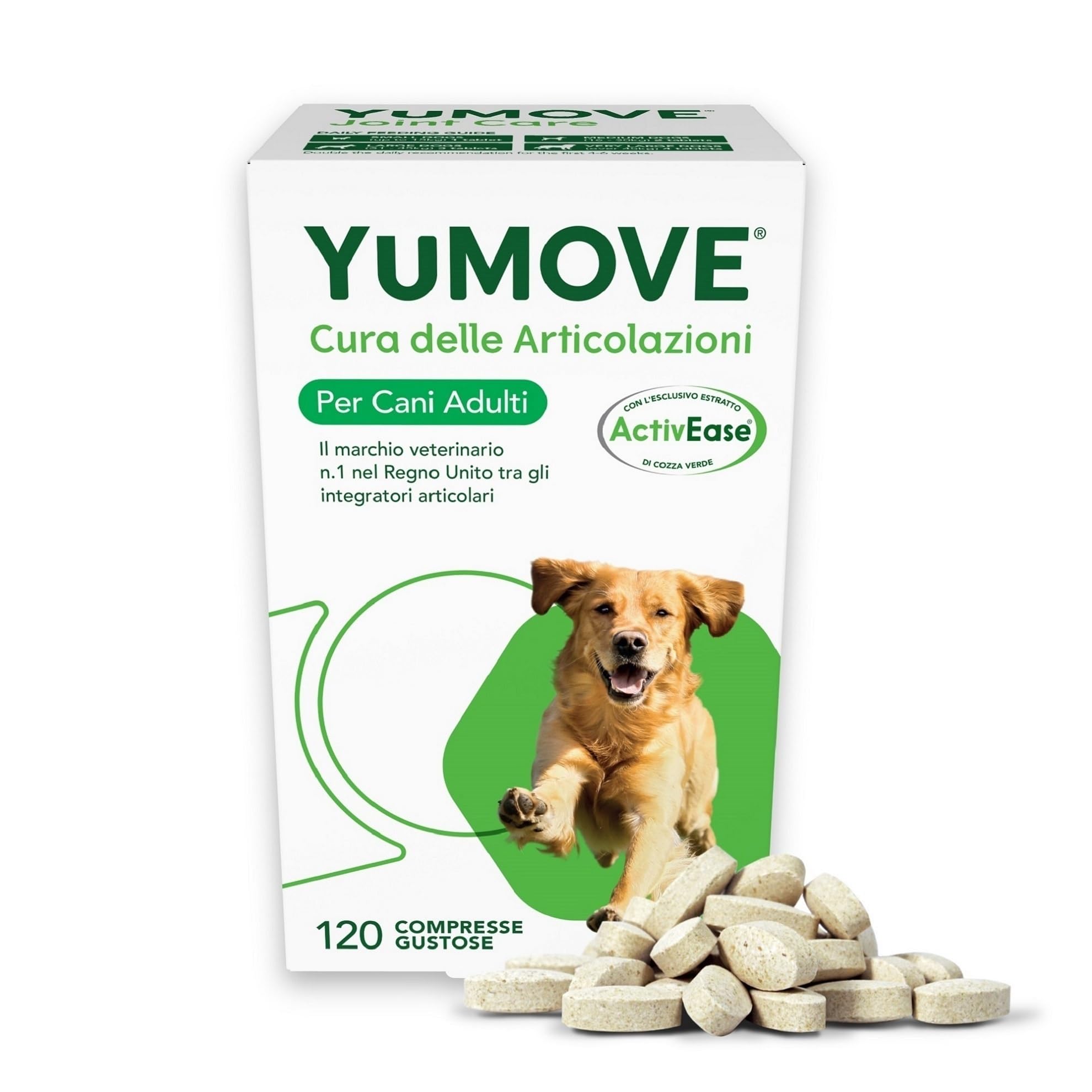 Yumove Integratore Articolazioni Cane 2-7 Anni – 120 Compresse ActivEase | Brevetto in Corso, Cozza Verde 150 mg, Tutte Le Razze, Omega-3, Glucosamina, Supporto Scientifico, Consigliato dai Veterinari