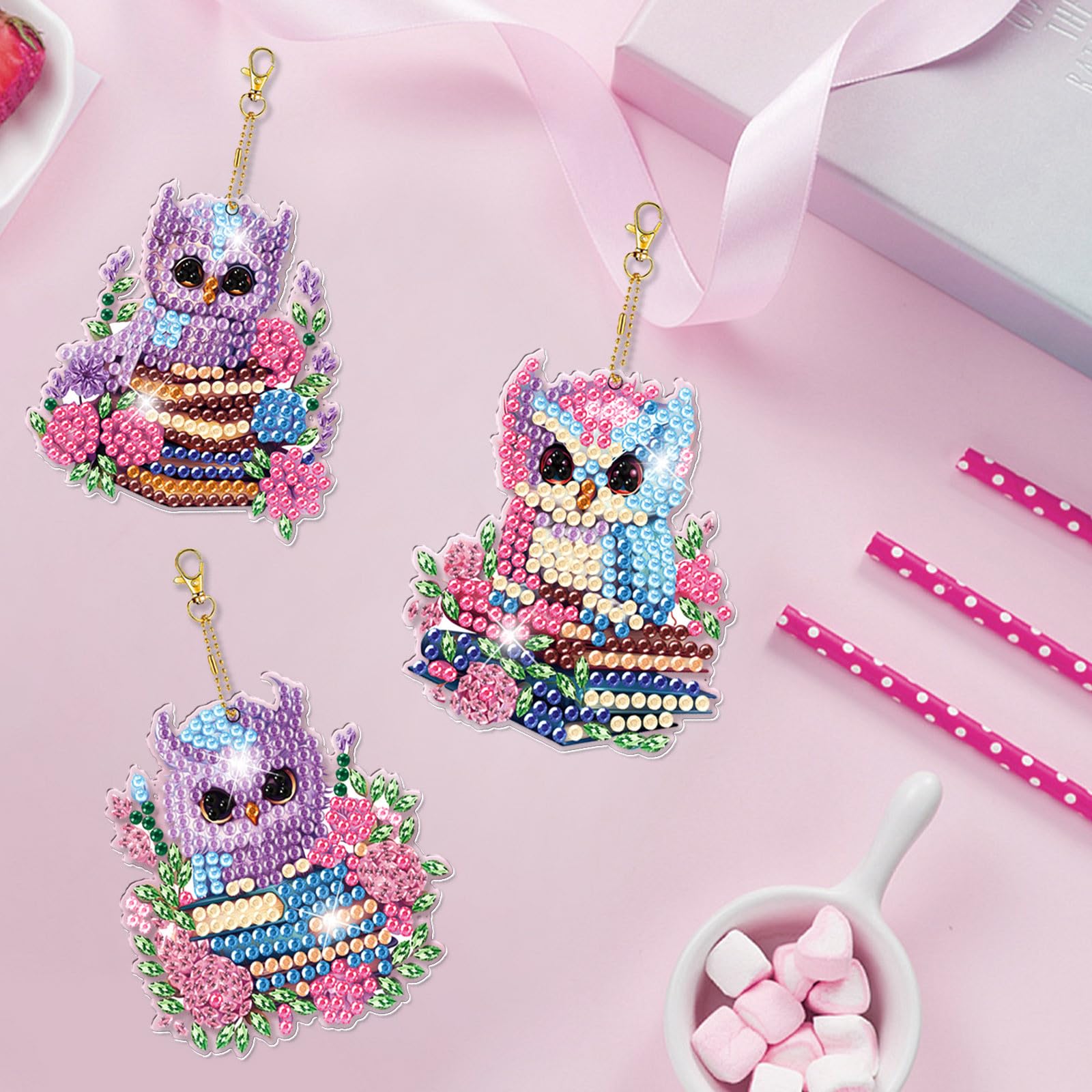 FTVOGUE Kit Portachiavi Fai Da Te Con Diamanti, 4 Animali (Volpe, Panda, Koala, Procione), Con Penna E Piastra, Regalo Creativo