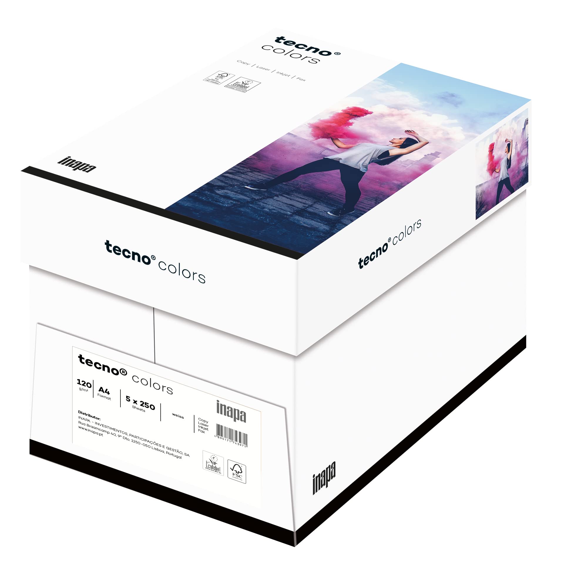inapa farbiges Druckerpapier, buntes Papier tecno Colors: 120 g/m², A4, 1.250 Blatt (5x250), weiß