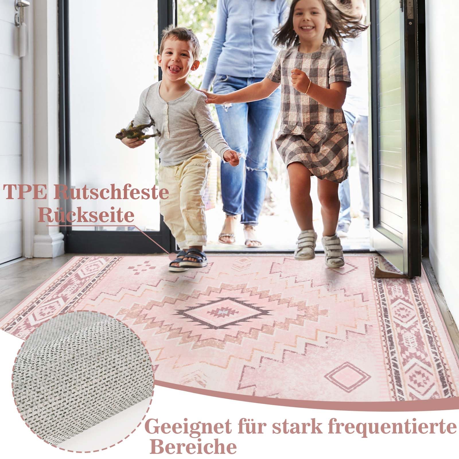Alishomtll Teppich Läufer, Vintage Geometrisch Teppich Rosa 160x230 cm | Rutschfest Kurzflor Küchenteppich, Weich Waschbar Flurläufer für Wohnzimmer Schlafzimmer Arbeitszimmer Küche Eingang