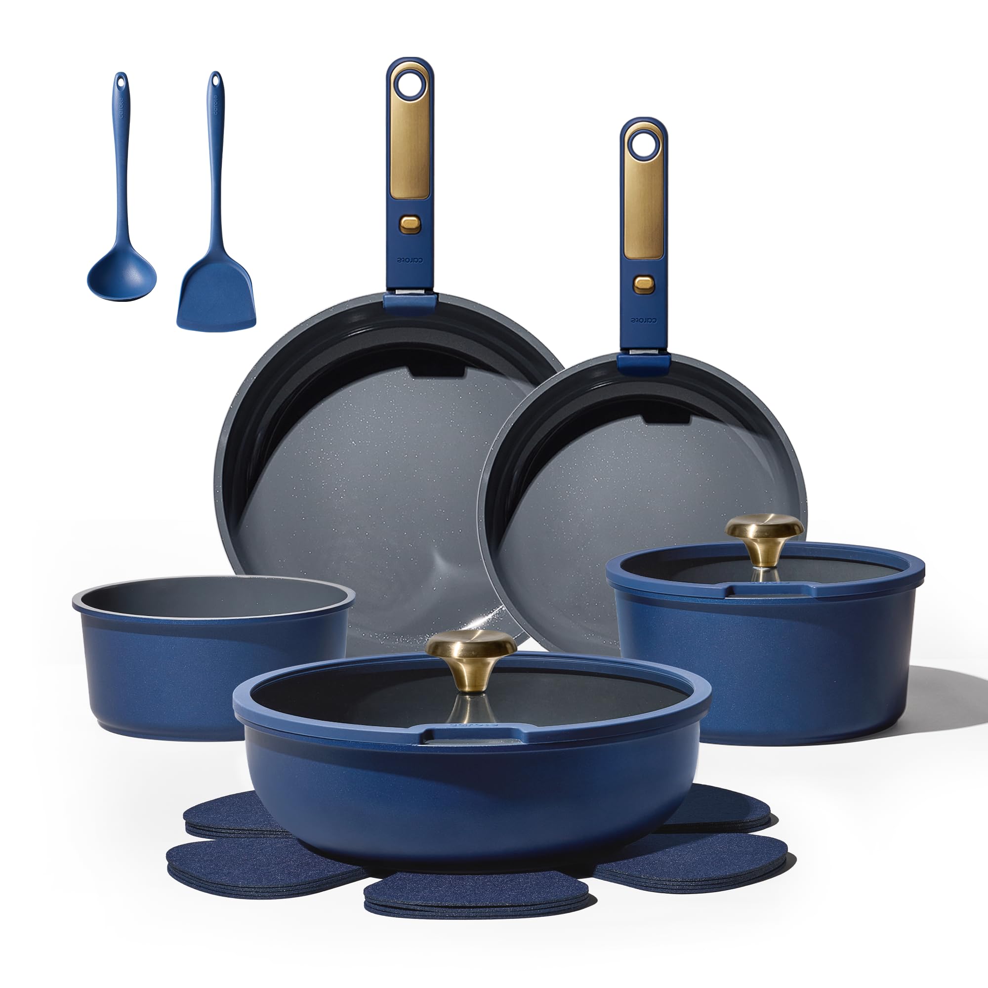 CAROTE Blue Gold Ceramic Cookware Set Non Toxic PFAS Free 15Pcs Pots and Pans Set Non Stick Detachable