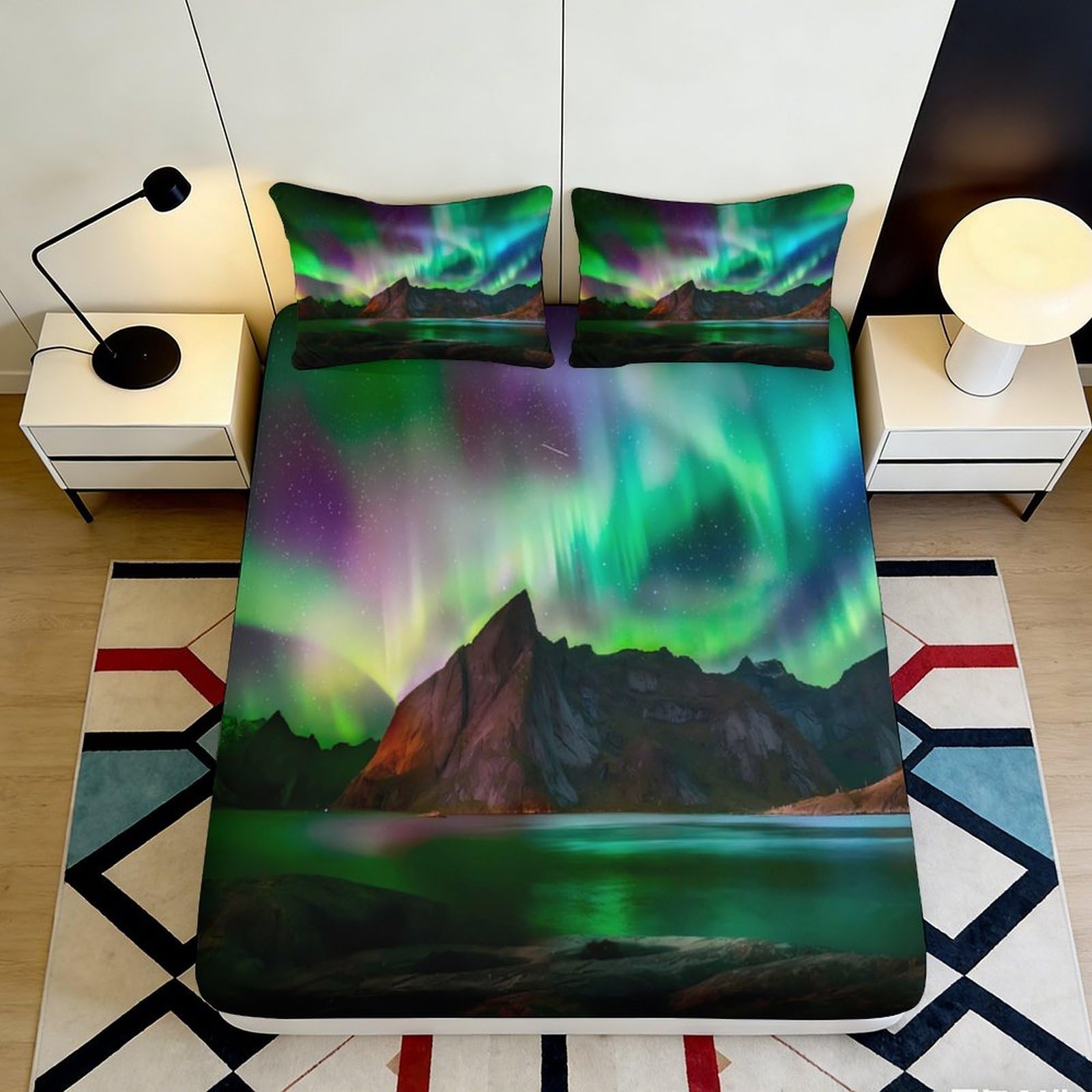 3D Printed Northern Lights Fitted Sheet Microfiber Soft Breathable Aurora Mountain Bed Cover for Bedroom Dorm Decor 90x200x25cm