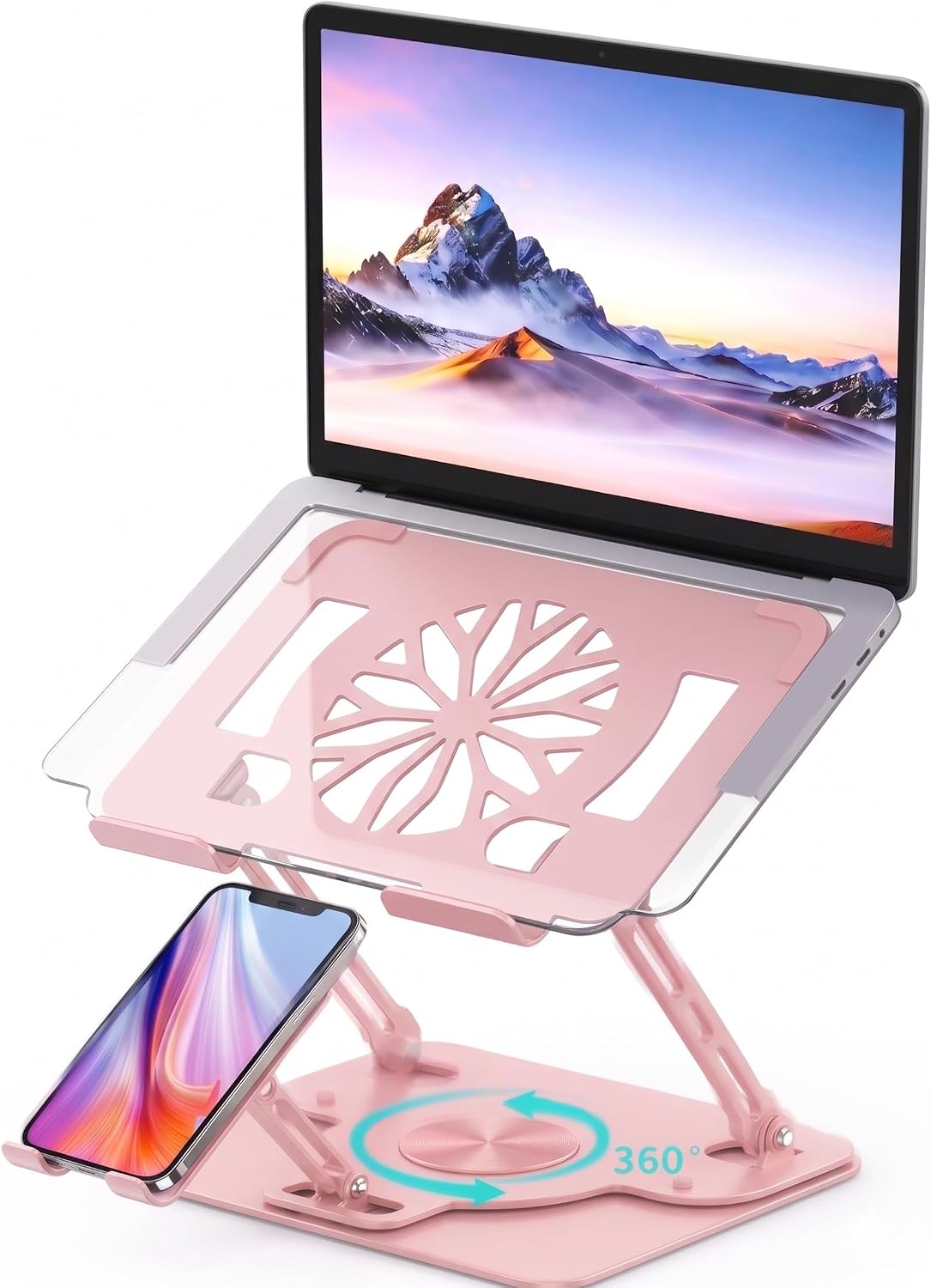 Adjustable 360°Rotating Laptop Stand, 2-in-1 Ergonomic Carbon Steel Laptop Riser with Detachable Phone Holder, Hollow Cooling Notebook Stand Fits 12.9-18 Inch Laptops (Pink)