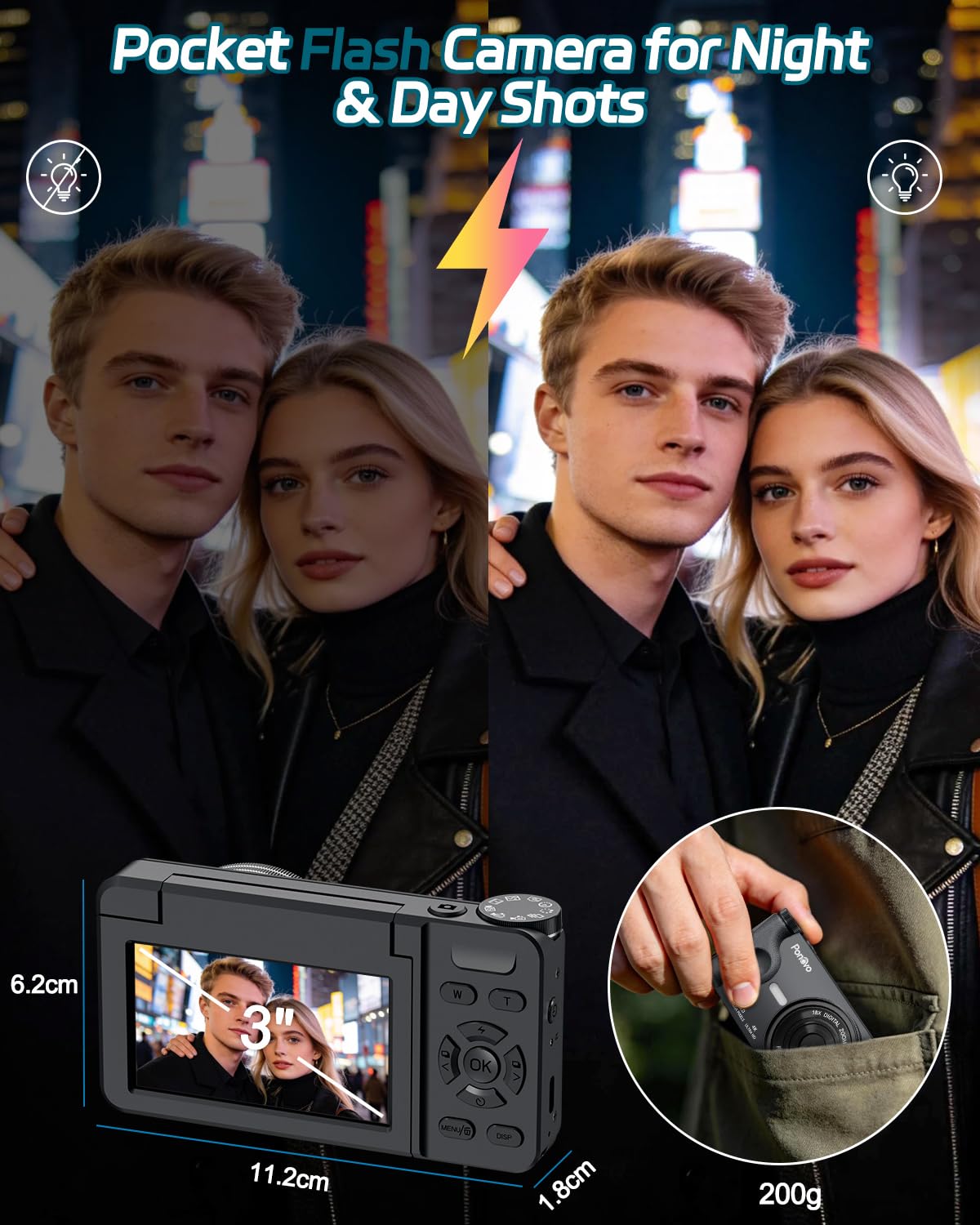 Digitalkamera 4K 64MP Autofokus Vlogging Kamera 3" 180° Klappbildschirm 18X Digitalzoom 2000mAh Akku 32GB Kompaktkamera Schwarz
