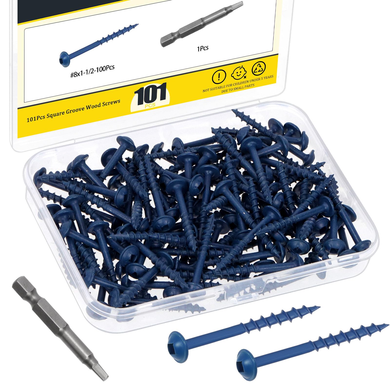 Mardatt 100Pcs Pocket Hole Screws, 38mm Anti-Rust Blue Coated Exterior Wood Screws, Coarse Thread Washer Head Square Drive, 50MM Drive Bit Included