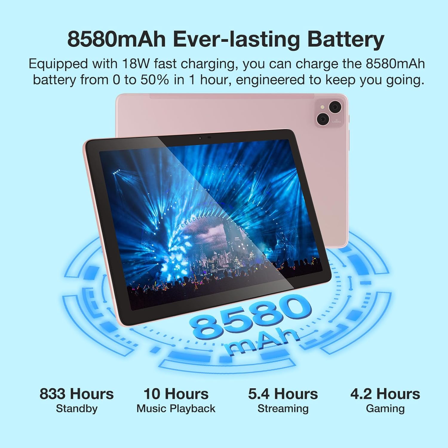 DOOGEE T10 Pro tablet with 8580mAh battery graphic, showing standby, music, streaming, and gaming hours.