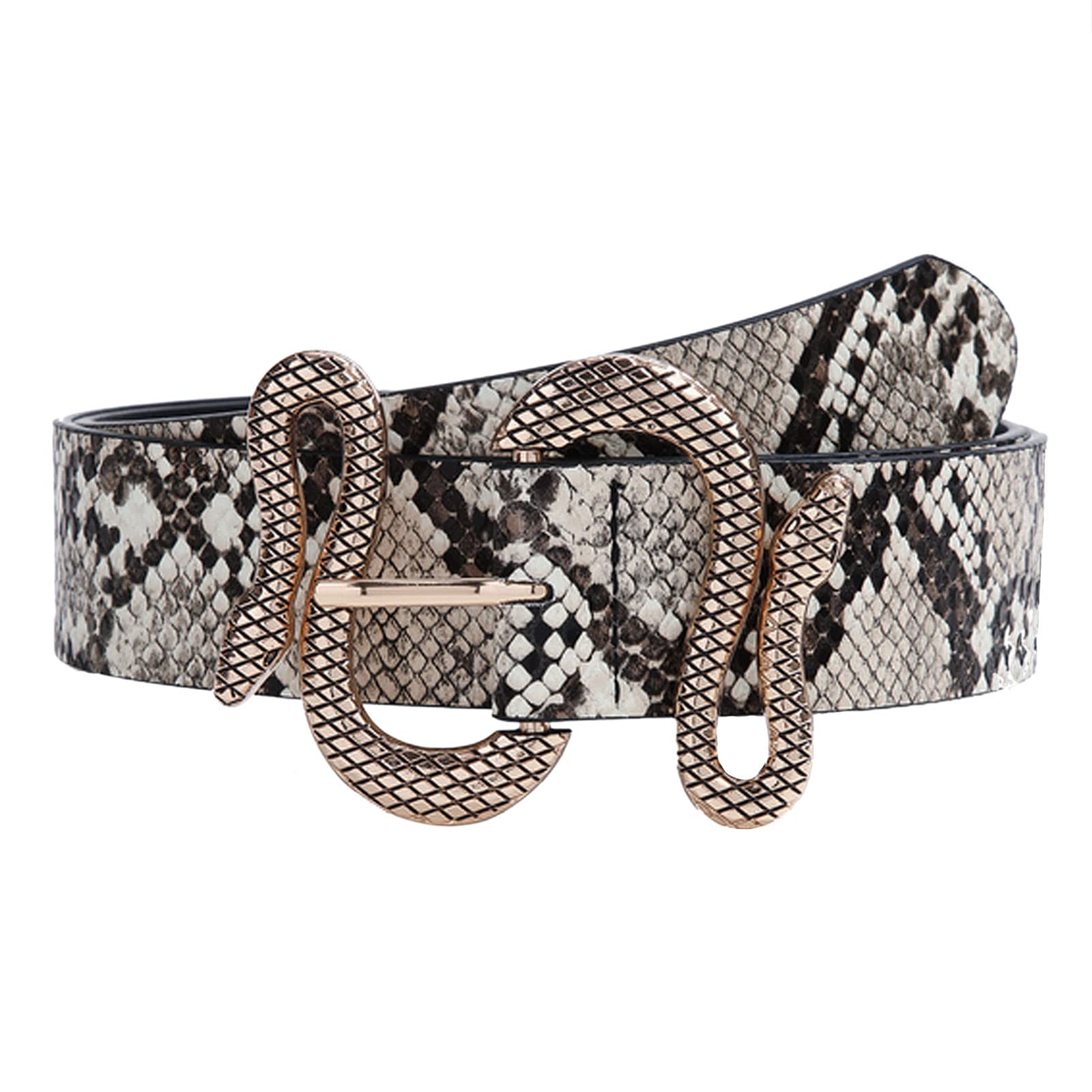 Minache Womens Snakeskin Print Belt for Jeans PU Leather Belt with Alloy Buckle