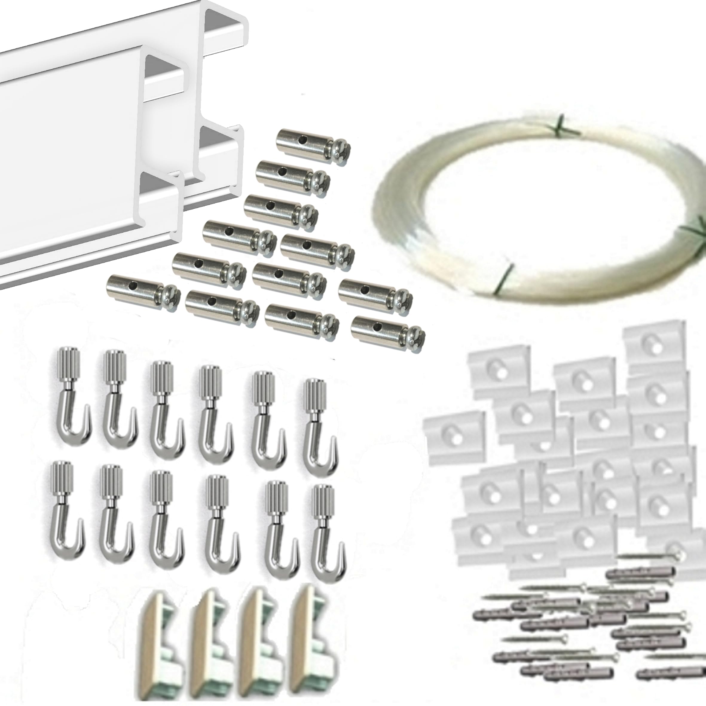 MARCS ARIAS SL Pack Basic FAST de 6 Metros Guías de Aluminio Blanco Mate con 12 colgadores Nylon para Colgar Cuadros… (Aluminio Blanco)