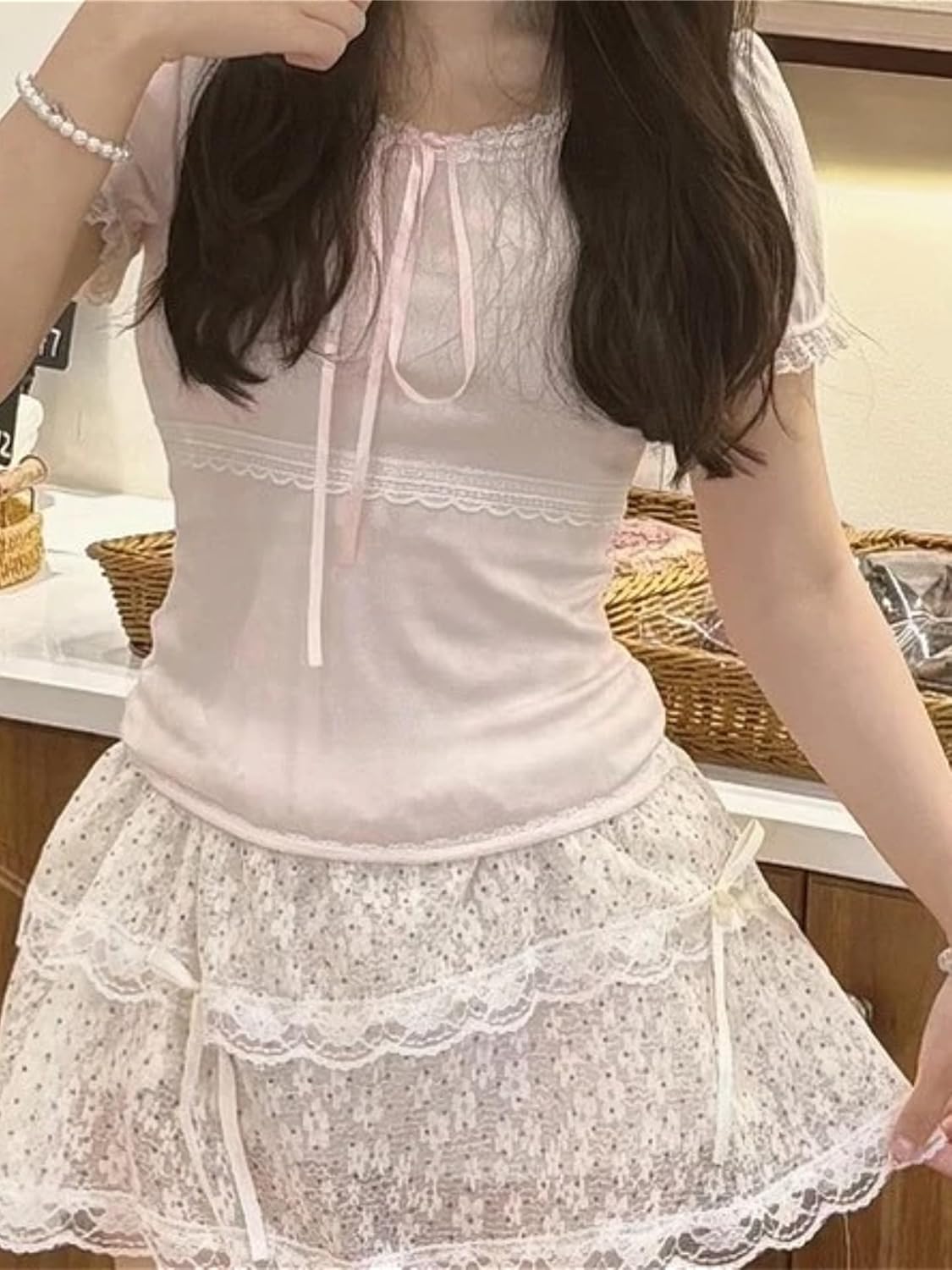 Coquette Cute Lace Trim Top Y2k Baby Tee Summer Short Sleeve V Neck Shirts 2000s Mcbling Vintage Fairy Grunge Top - Image 2