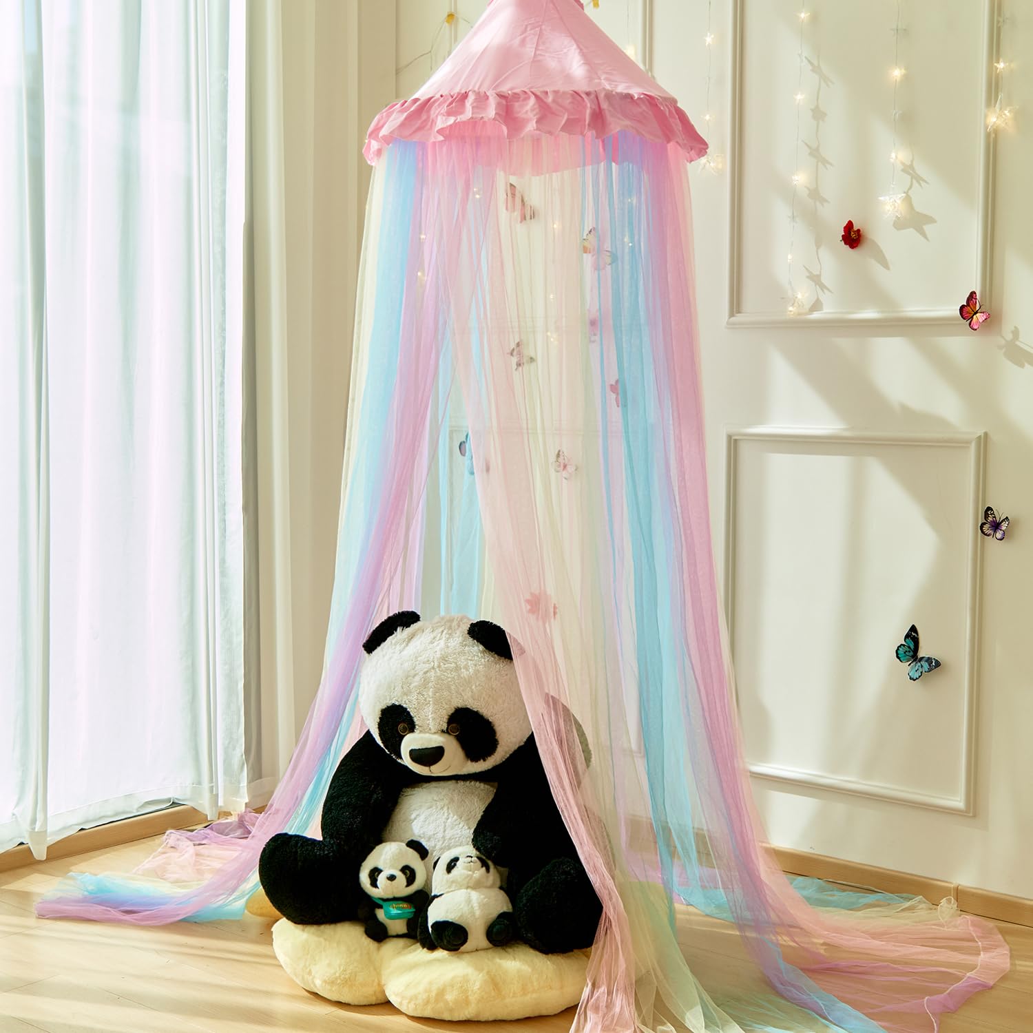 Wnqou Rainbow Bed Canopy for Girls,X-Large Princess Canopy Hanging Netting Bedroom Decor for Girls Mosquito Net for Baby Crib Twin to King Size Bed (Pink Rainbow)