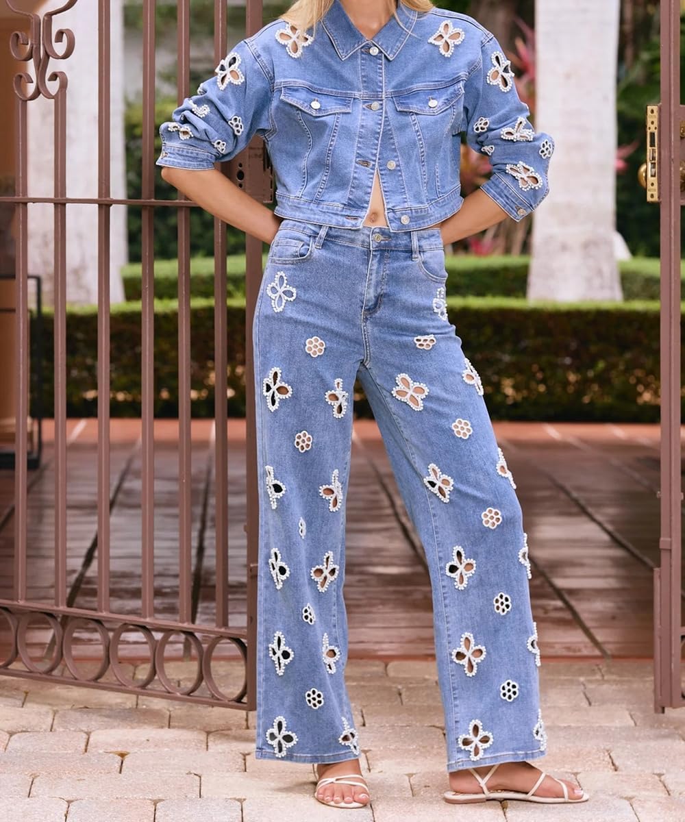 Women's High Waisted Wide Leg Jeans Trendy Stretch Pearl Floral Openwork Embellished Denim Pants - Image 2