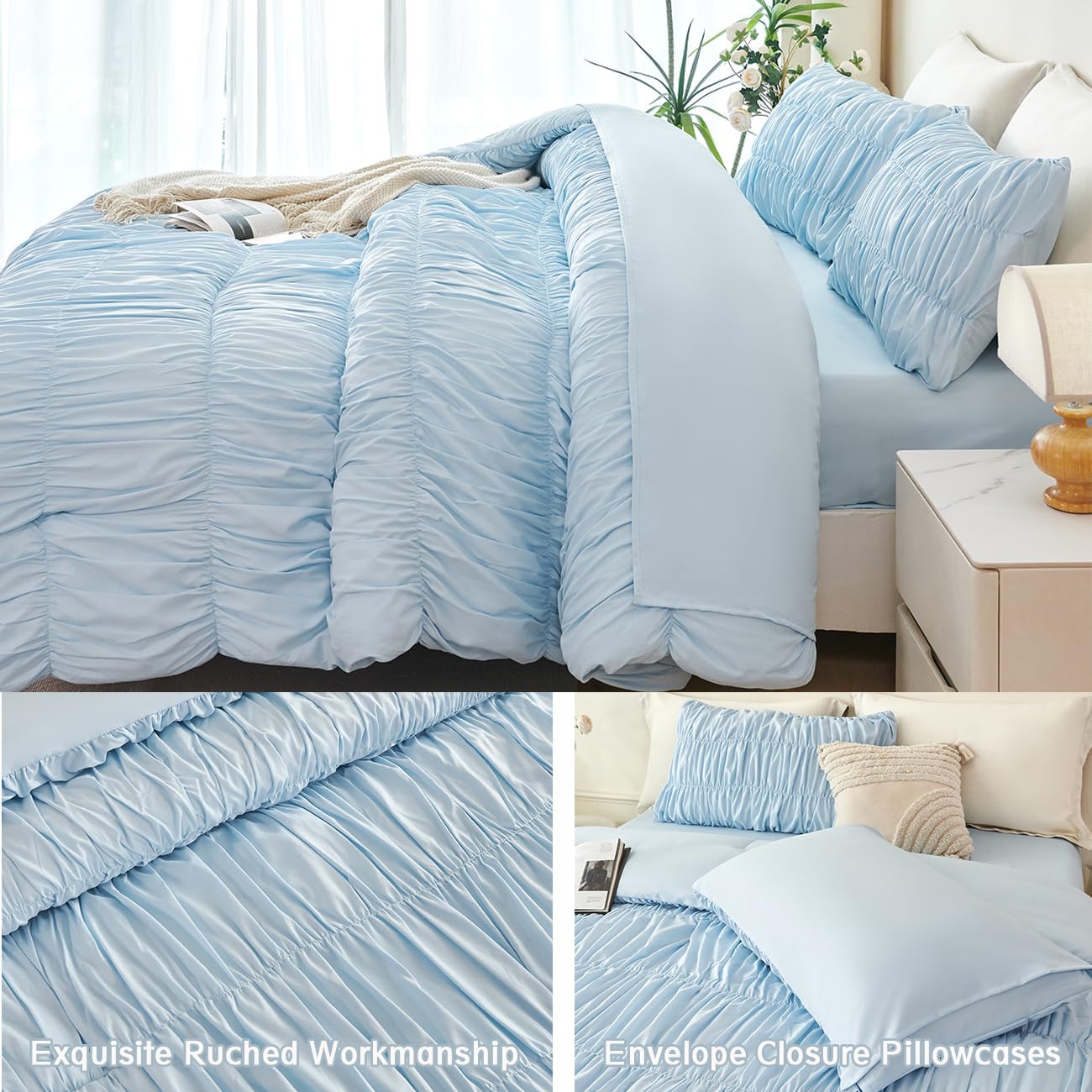 PERFEMET Queen Size Bed in a Bag Light Blue 5 Pieces Fluffy Boho Ruched Comforter with Sheets Luxury Soft Pleated Texture Bedding Comforter Set All Season Lightweight Vintage Ruffle Bed Sets, 90"x90" - Image 7