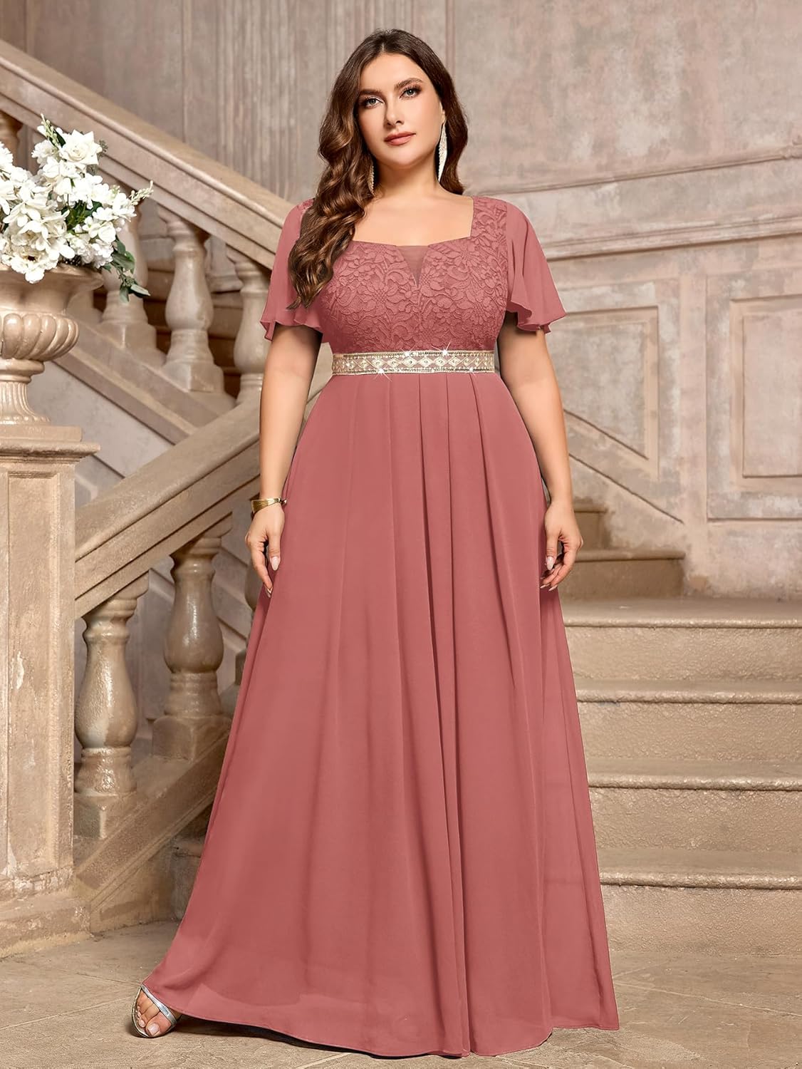 MISSMAY Women's Plus Size Floral Lace Ruffle Sleeves Beads Waist Chiffon Formal Party Maxi Dress - Image 4