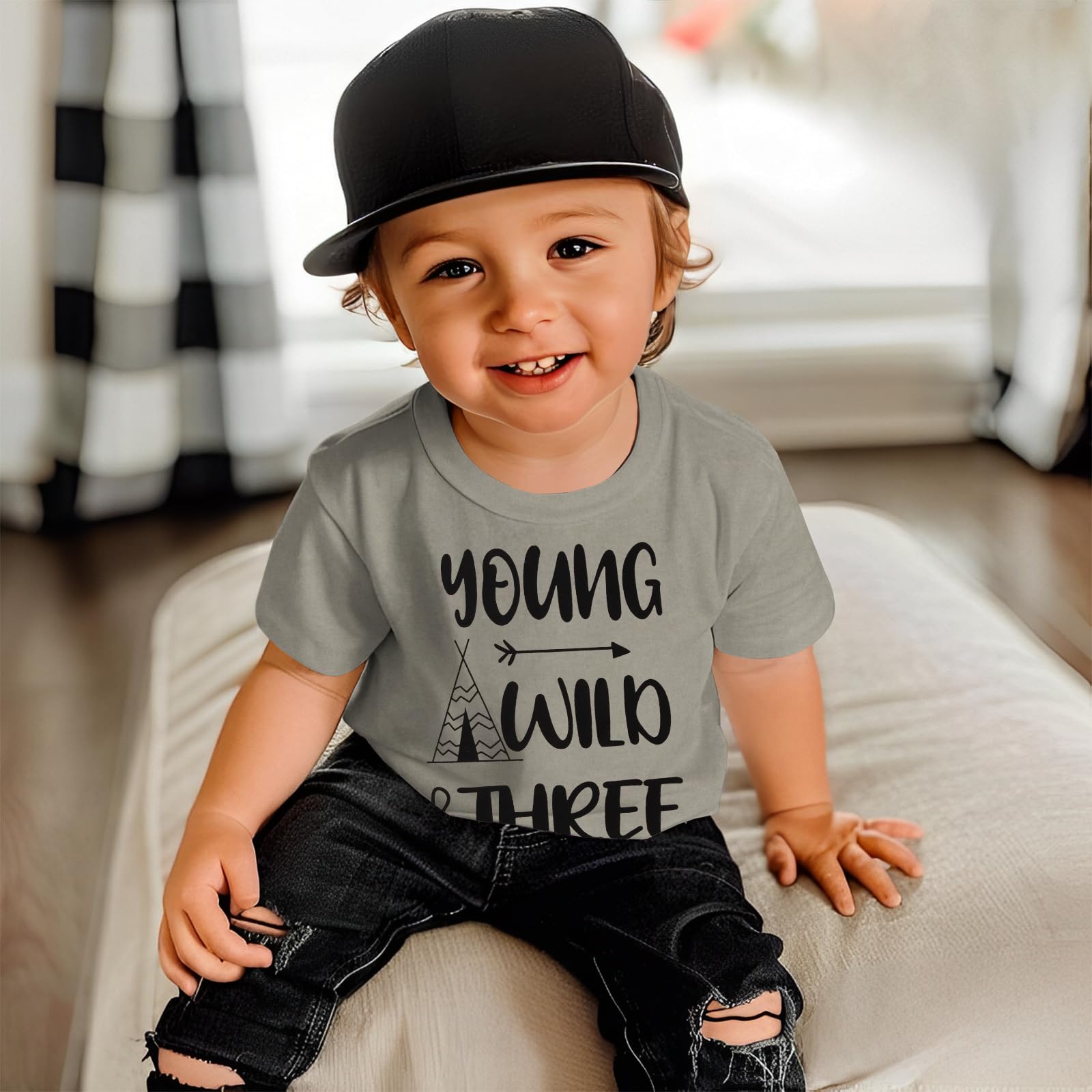AG AGUU Young Wild and Three Birthday Boy Shirt 3rd Birthday Outfit 3 Year Old Boys T-Shirt Third B-Day Party Tees Tops(Grey,3T)