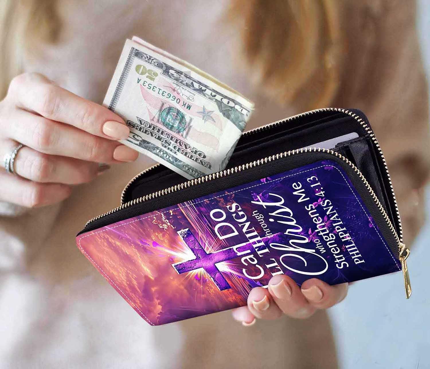 Cross Quote Bible Verses Philippians 4-13 Print Women Large Capacity Wallet PU Leather Zipper Clutch Purse for Smart Phone/Card/Coin/Cash - Image 6