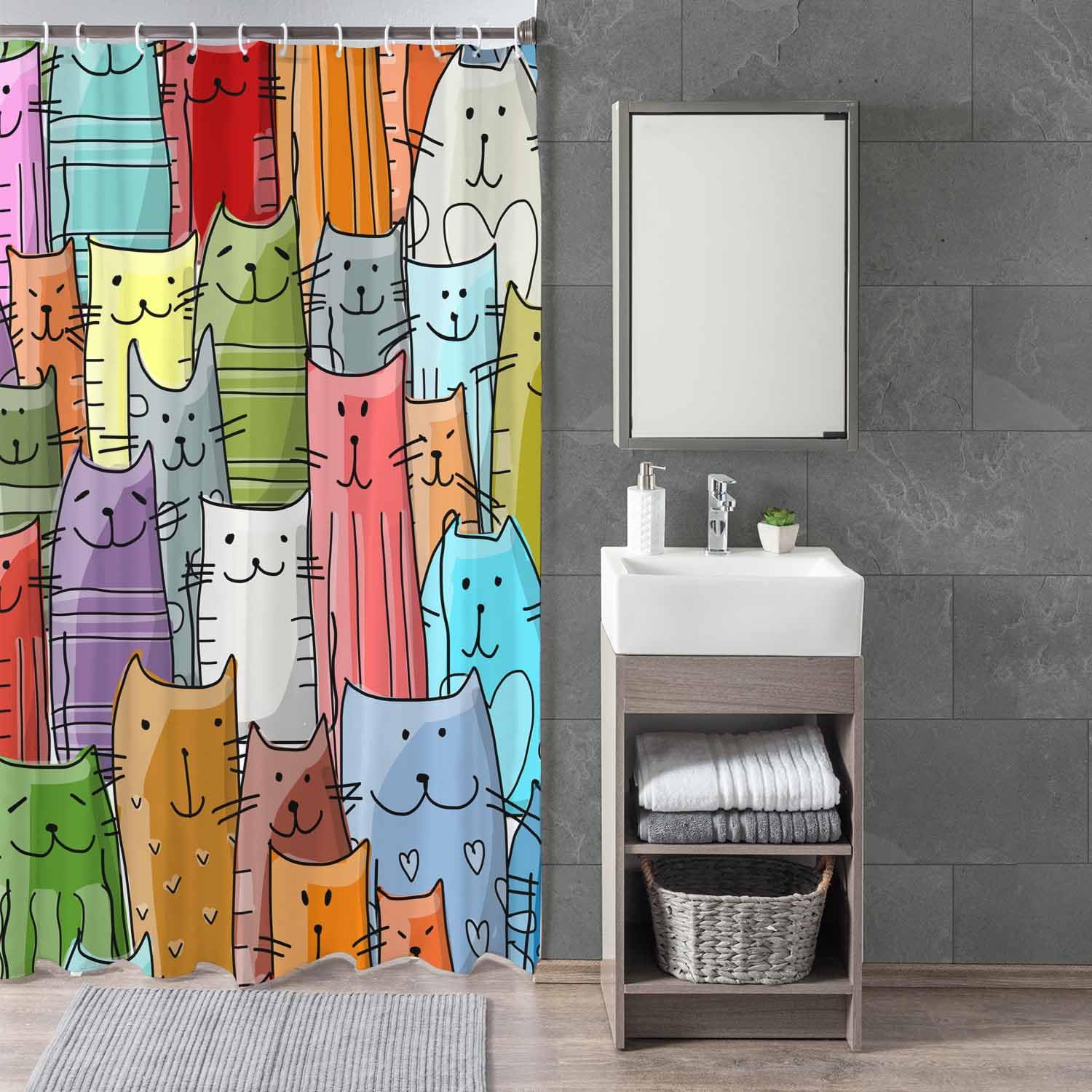 Woutay Shower Curtain Mould Proof Resistant Funny Cats Family,Water Repellant Fabric,Polyester,with 12 Plastic Hooks - Image 3