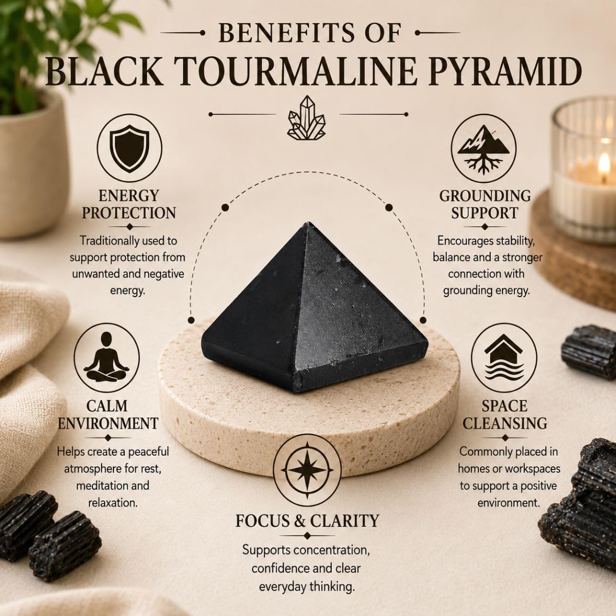 Black Tourmaline Crystal Pyramid for Meditation, Reiki & Feng Shui (10-20 Gm) | Decorative Showpiece for Vastu Home Decor & Housewarming Gift | Healing Crystals for Protection & Grounding 3