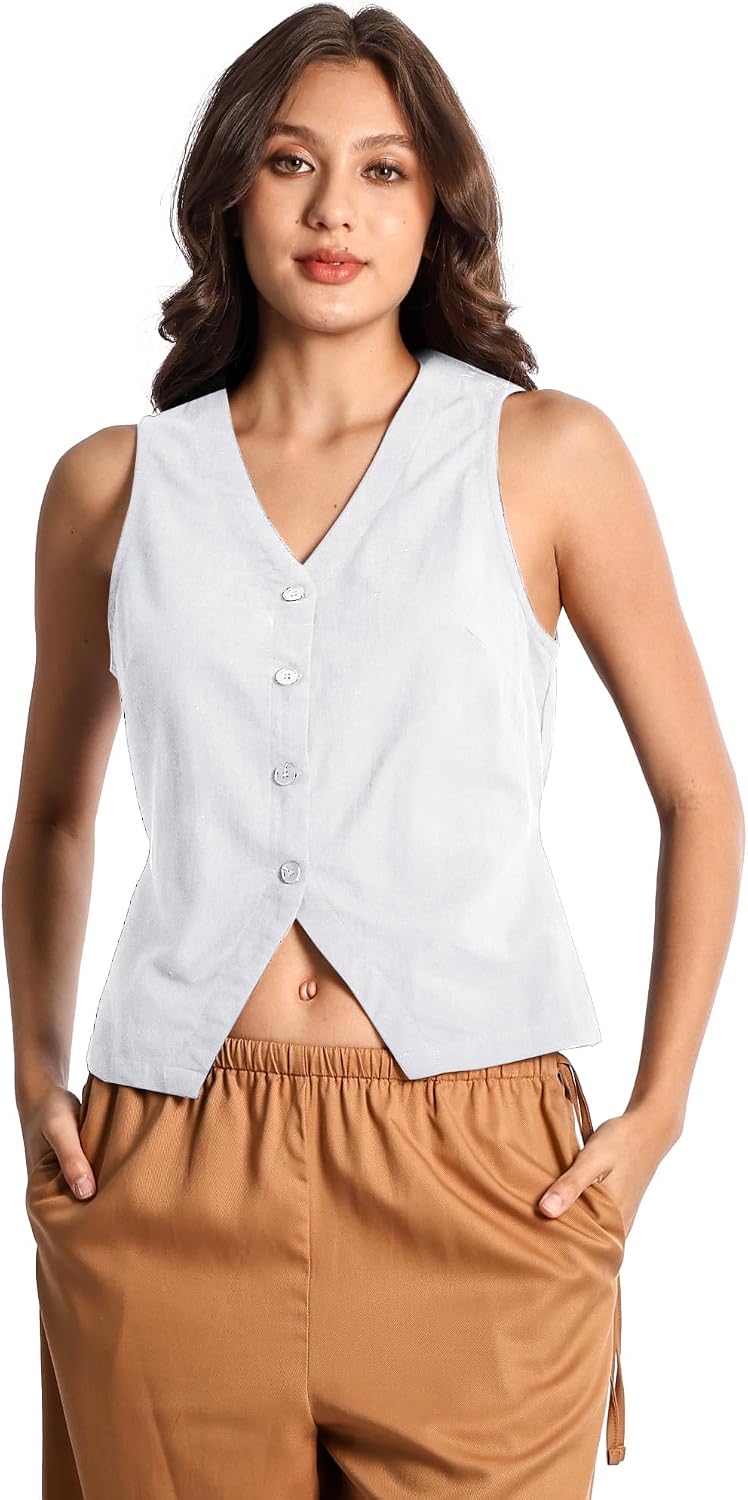 Womens Linen Cotton Vest Waist Tie V Neck Sleeveless Button Down Waistcoat Vest