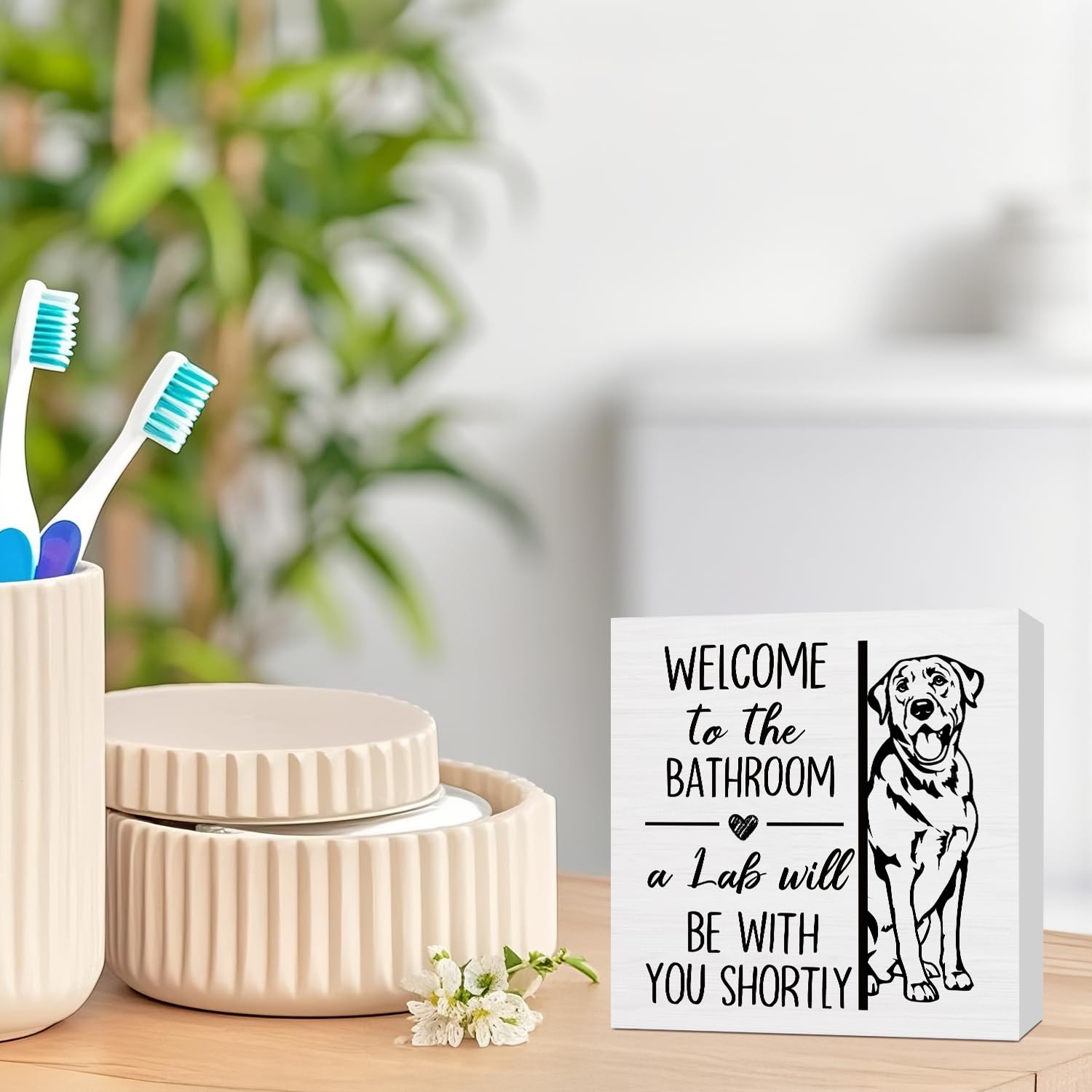 Funny Labrador Retriever Bathroom Wooden Box Sign,Gifts for Labrador Dog Lovers,Lab Dog Wood Block Plaque Signs for Bathroom Toilet Restroom Desk Table Shelf Decor, 5x5 Inch