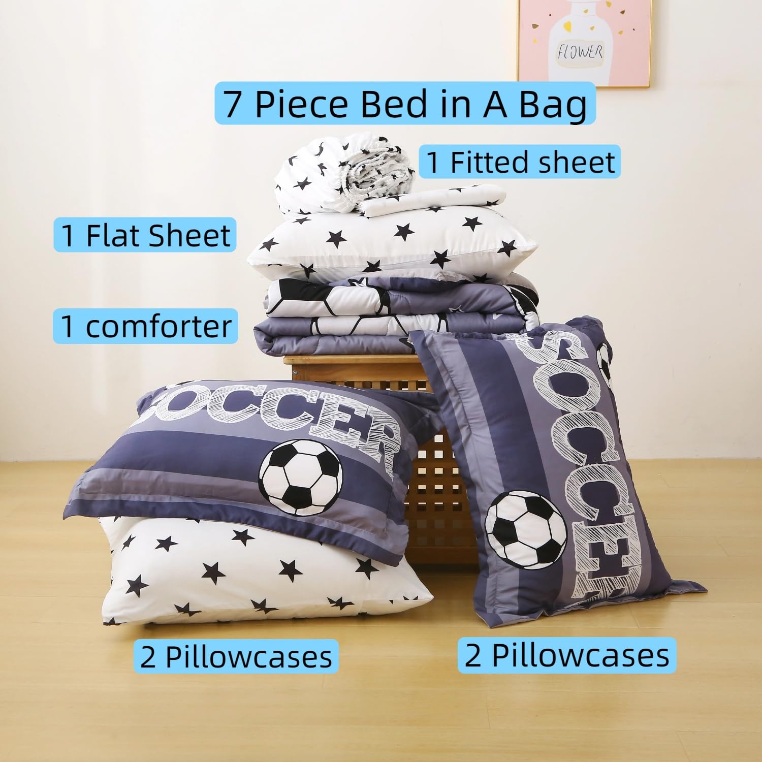 Gusuhome Boys Sports 7 Piece Soccer Comforter Set Full Size 3D Football Playground Bedding Set for Kids Bed Set Gray(Comforter,Flat Sheet,Fitted Sheet and Pillow Sham)