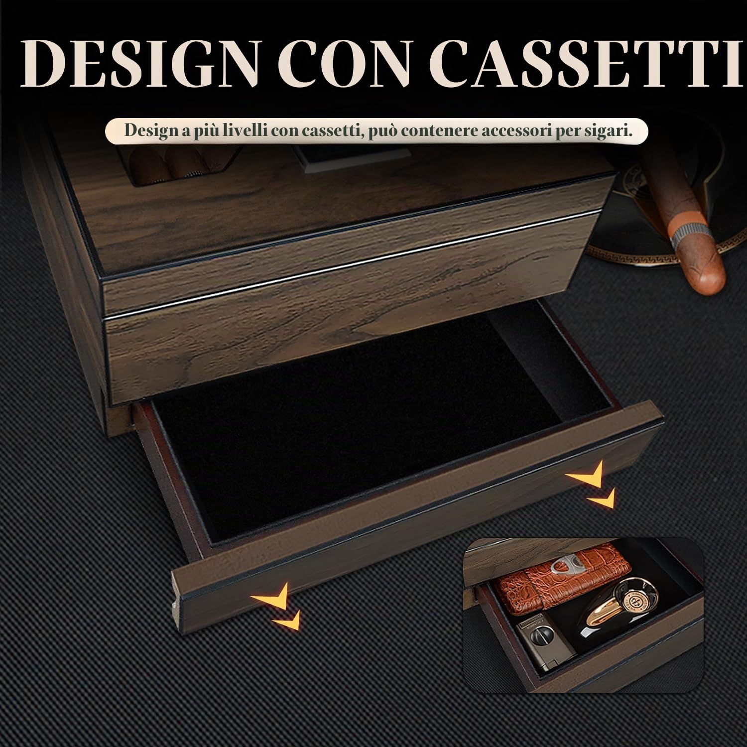 Humidor Sigari, Portasigari in Legno di Cedro con Igrometro e Umidificatore, Humidor per Sigari Fatto a Mano con Cassetto per 25-30 Sigari, Perfetto Regalo per Uomo (Sigaro Non Incluso)