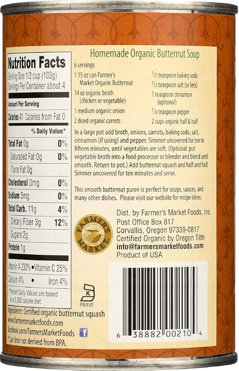 Farmer's Market Organic Canned Butternut Squash Puree, 15 Ounce (Pack of 2)