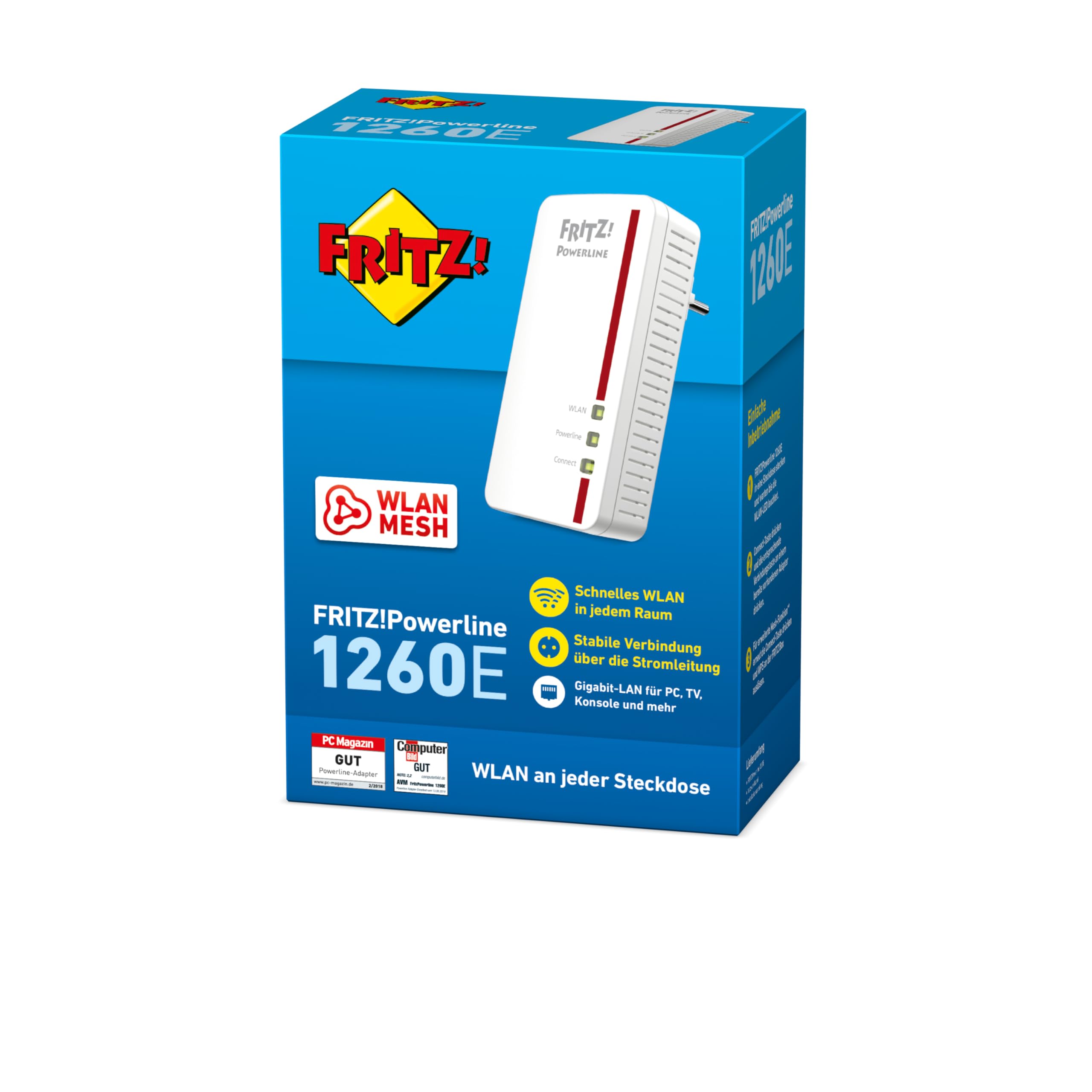 FRITZ!Powerline 1260 Single-Adapter (1.200 MBit/s, WLAN-Access Point, ideal für Media-Streaming oder NAS-Anbindungen, deutschsprachige Version) weiß