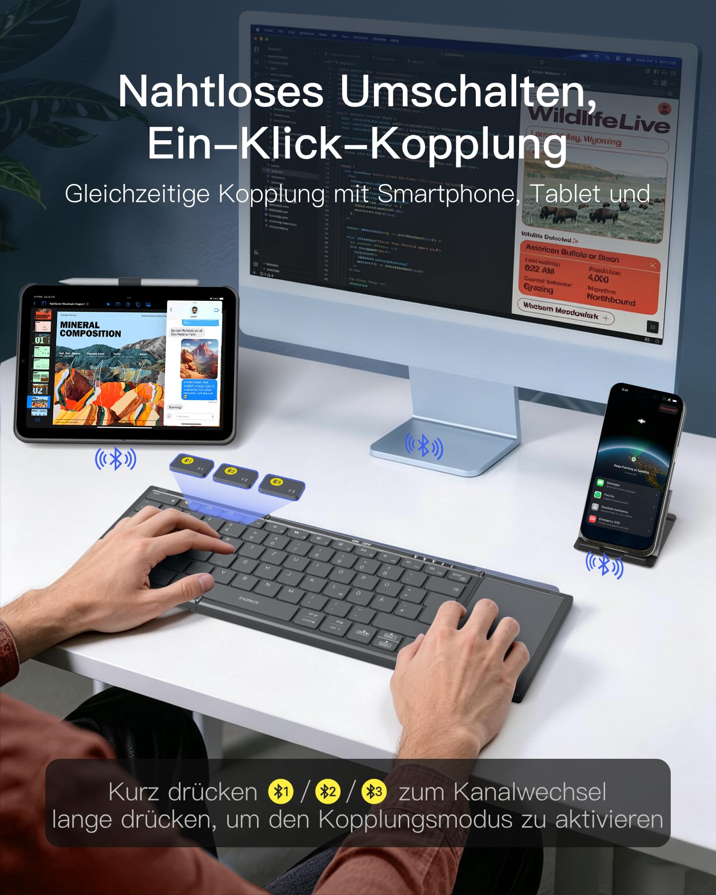 Inateck Faltbare Mini Tastatur, KI-Funktion mit Touchpad,3 Bluetooth-Kanälen, kompatibel mit iPadOS Android, Windows, QWERTZ, KB604