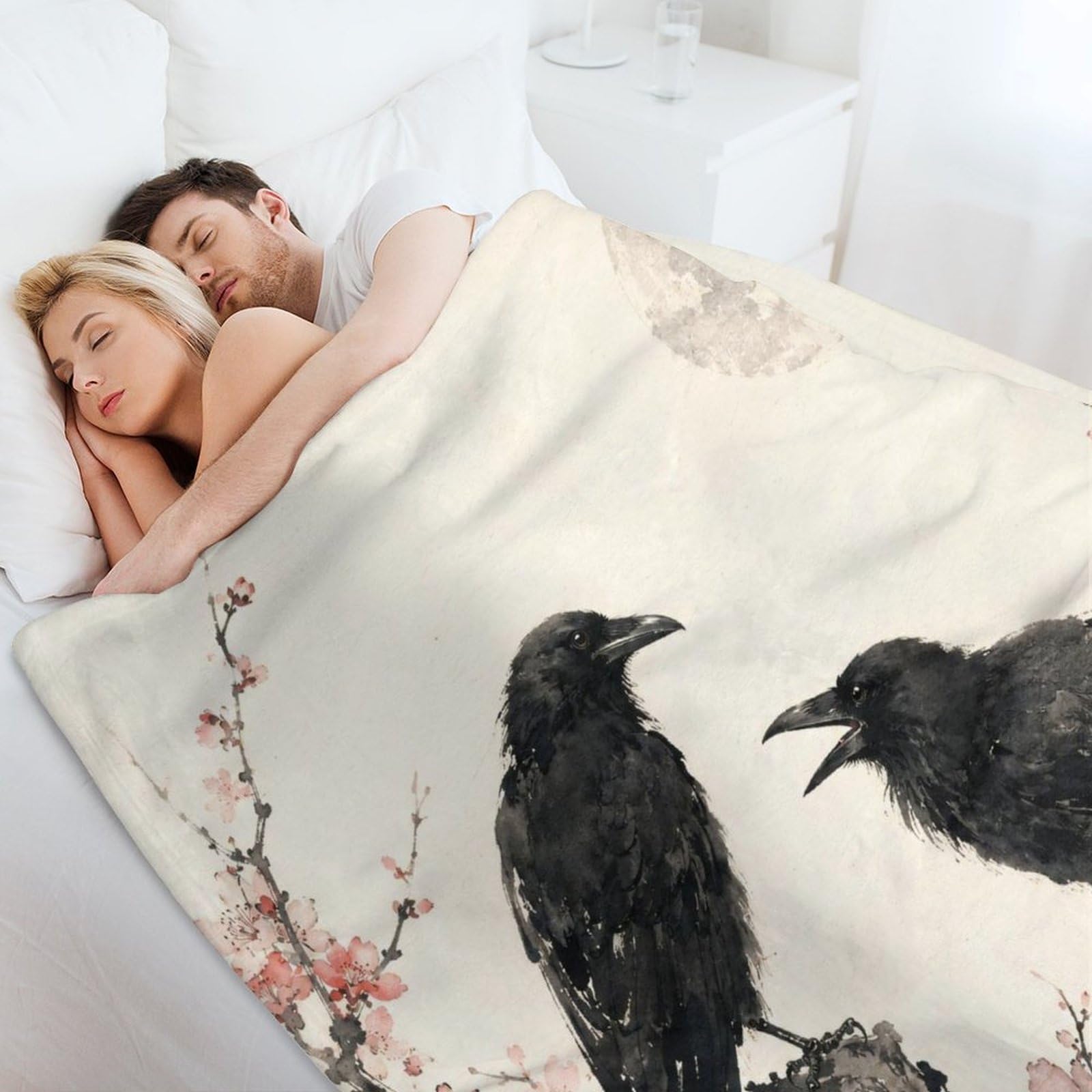 Pareja de cuervos con luna Manta Manta TV Calida Polar Sofa Dormitorio | manta sofa suave con Lavado de tinta y Grabado en madera japonés, para sofa, cama, 175x200cm(70x80in)
