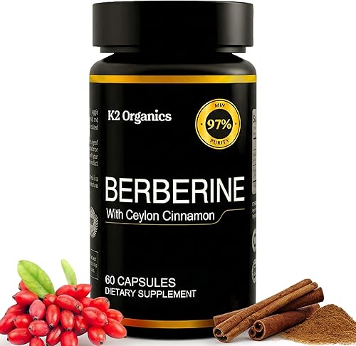 Berberina con canela de Ceilán 1200 mg (60 cápsulas) - 97% de pureza - Sin OMG, sin gluten, suplemento de berberina vegana probado en laboratorio