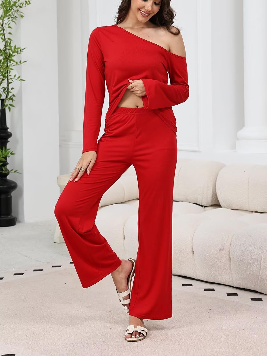BWQ Sexy 2 Piece Outfits for Women Long Sleeve Wide Leg Pants Casual Lounge Matching Sets - Image 3