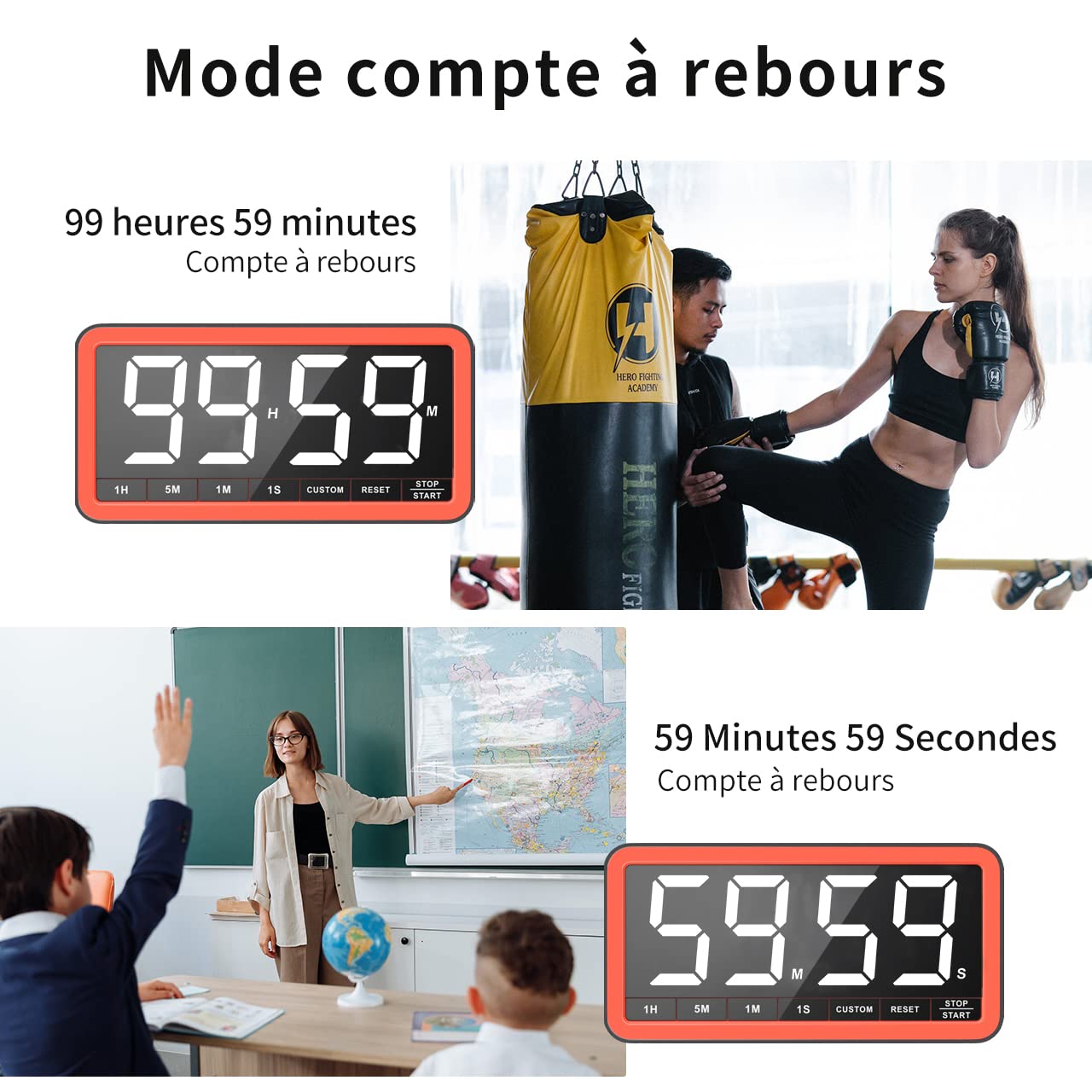 VOCOO Grand minuteur numérique pour la cuisine: Minuteur magnétique à LED avec 3 niveaux de luminosité, 4 alarmes et 3 niveaux de volume, Compte à rebours à piles pour cuisiner, Salle de classe et Gym