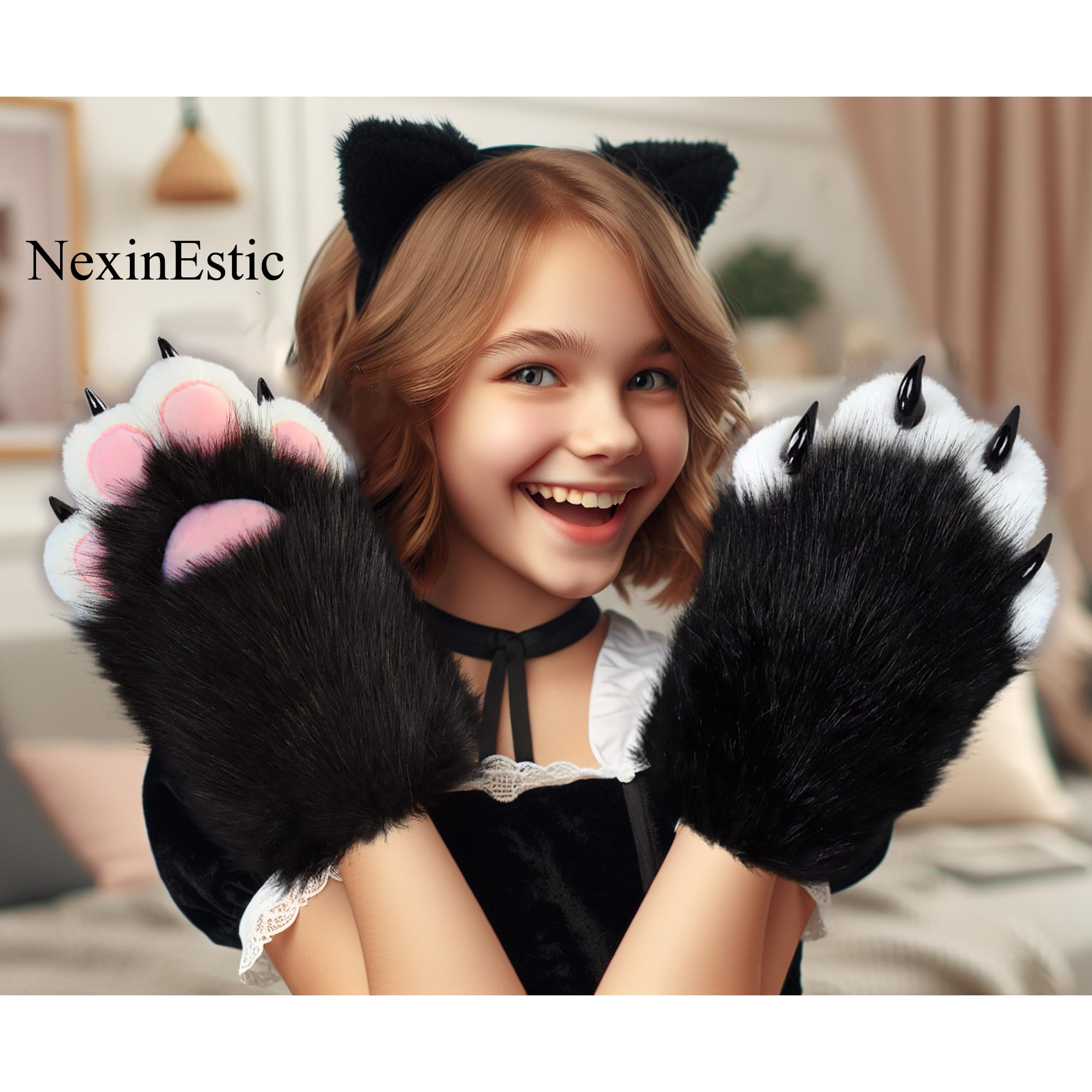 NexinEstic Black&White Therian Paws Comfy Furry Paws Faux Fur Fursuit Paws, Cute Cat Paw Gloves Therian Gloves with Claws - Image 4