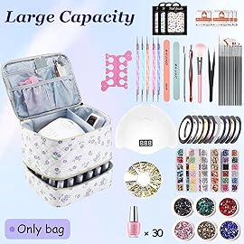 CTWWFS Nail Polish Organizer and Nail Lamp Case, Nail Kit Organizer Holds 30 Bottles (15ml - 0.5 fl.oz) and a Nail Lamp, Nail Polish Carrying Case with Manicure Tools Storage Sections (Purple Flower)