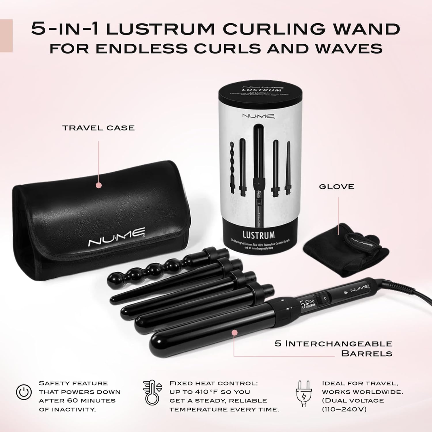 NuMe Lustrum 5 in 1 Tourmaline Ceramic Curling Wand Set with Interchangeable Barrels, Digital Display, Automatic Shutoff Feature. Heat Up to 410°F