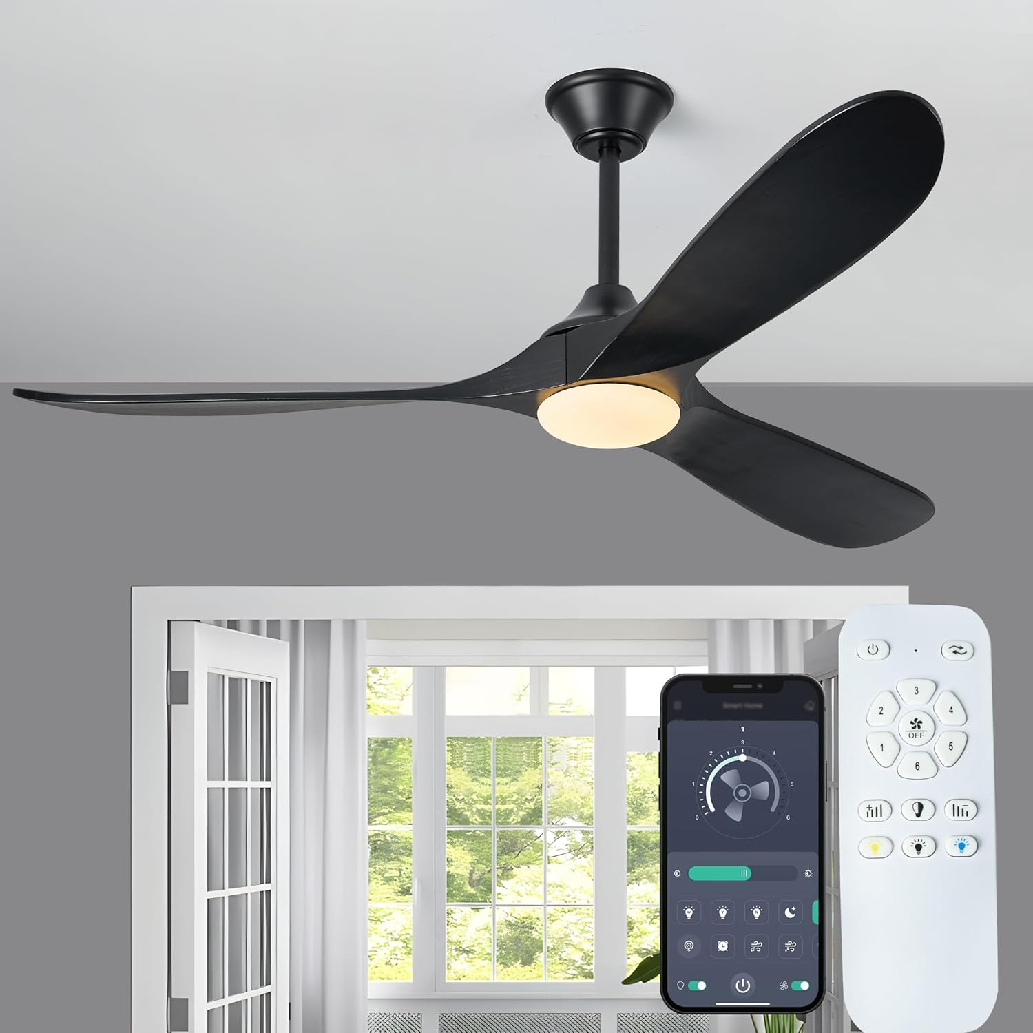 60 Inch Solid Wood Ceiling Fans with Lights, Remote APP Control 3 Propeller Blades Indoor Outdoor Ceiling Fan, Large Airflow Noiseless DC Motor Wooden Ceiling Fan for Patio Living Rooms Farmhouse
