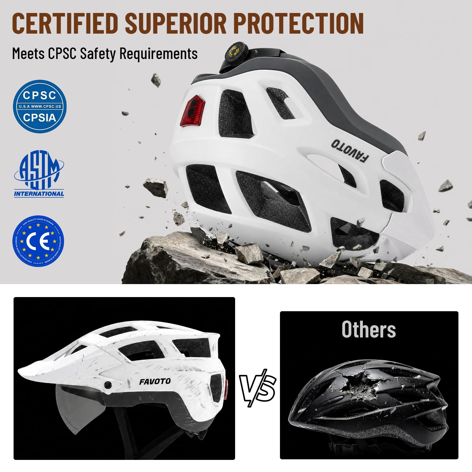 Favoto Casco da bici per adulti per ciclismo su strada e montagna, con luce posteriore a LED ricaricabile USB, occhiali magnetici e visiera parasole rimovibile, casco per uomini e donne