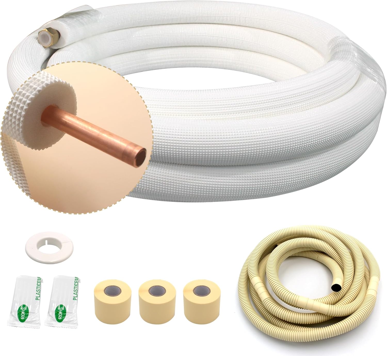 33FT Copper Tubing Mini Split Line Set 3/4" OD Single Tube with Nuts,1/2" White Insulation Kit Pipe Round Metal for Air Condition,HVAC Heating System, Refrigeration,Industry, DIY