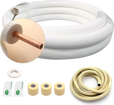 33FT Copper Tubing Mini Split Line Set 1/2" OD Single Tube with Nuts,1/2" White Insulation Kit Pipe Round Metal for Air Condition,HVAC Heating System, Refrigeration,Industry, DIY