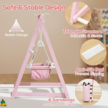 FUNLIO Montessori Wooden Swing Set for Toddlers 6-36 Months, Foldable Indoor Baby Swing Set of Durable Pine, Portable with 4 Sandbags &Extension Straps, Toddler Swing for Indoor/Outdoor-Pink