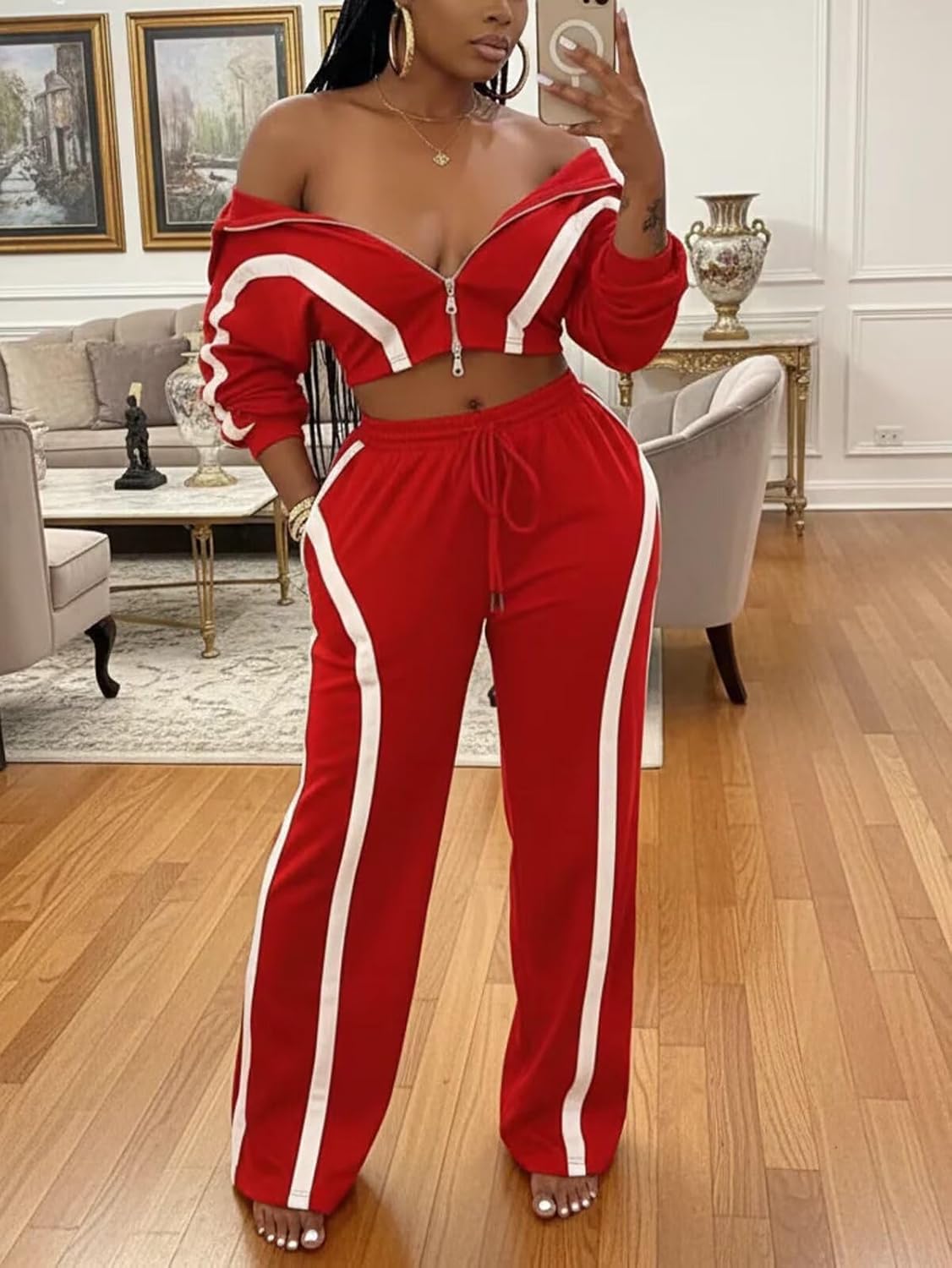Women Striped 2 Piece Outfits Long Sleeve Zip Up Jacket Top and Wide Leg Pants Set Tracksuits with Pocket - Image 5
