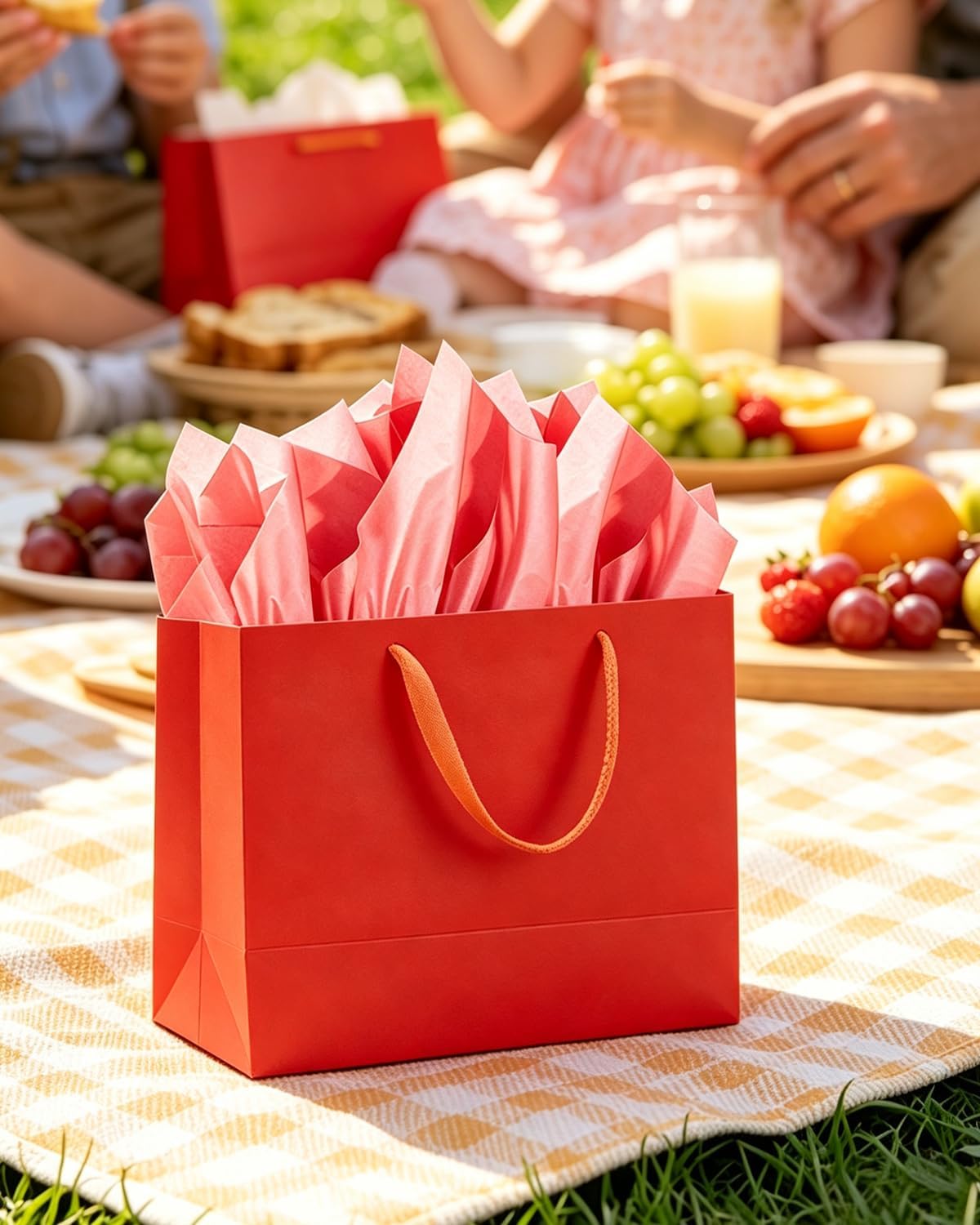 qiqee 24PCS Red Gift Bags with Ribbon Handles 9.6"x7.9"x4.3" Medium Size Gift Bags (Tissue Paper included, Medium Wide)