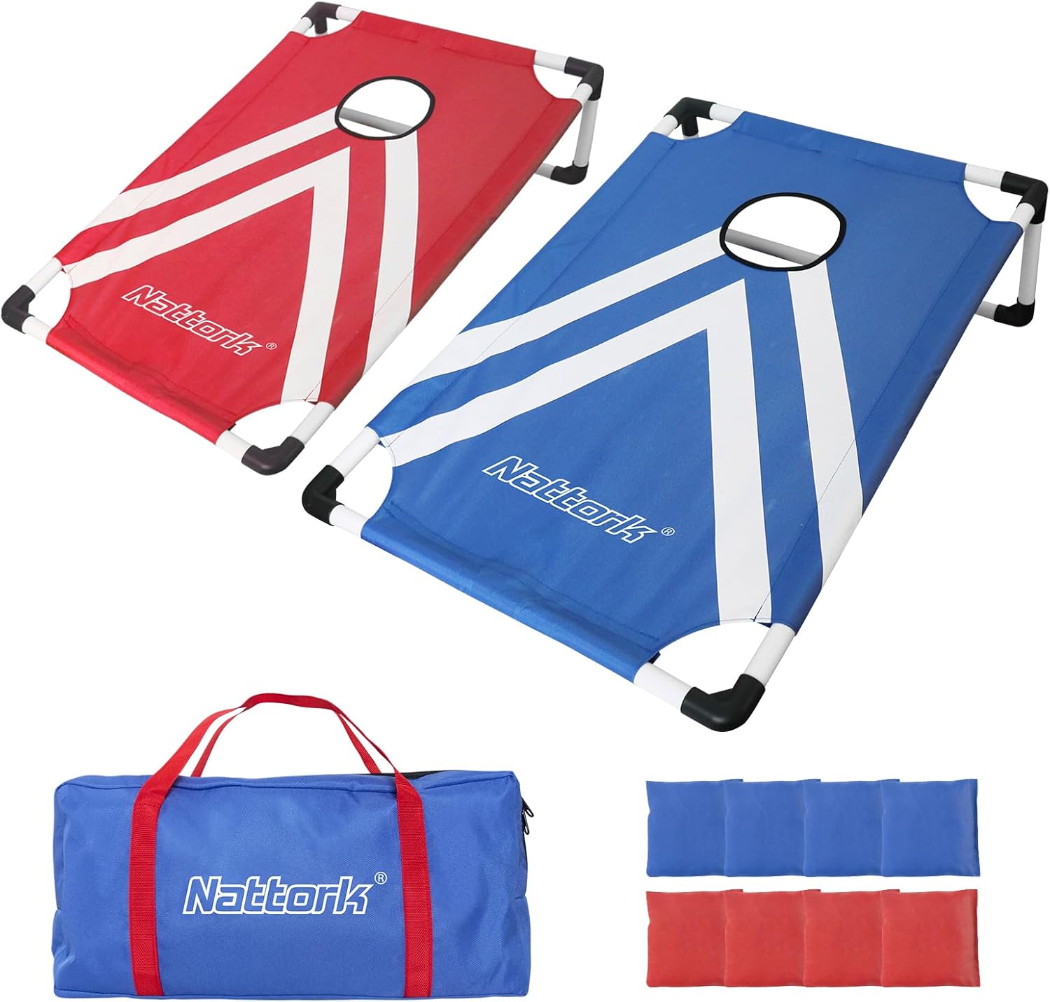 Portable Cornhole Set PVC Framed Corn Holes Outdoor Game Set with 2 Cornhole Boards, 8 Cornhole Bean Bags and Carrying Case, Camping Games Indoor Outdoor for Kids and Adults, Travel Camping Accessory