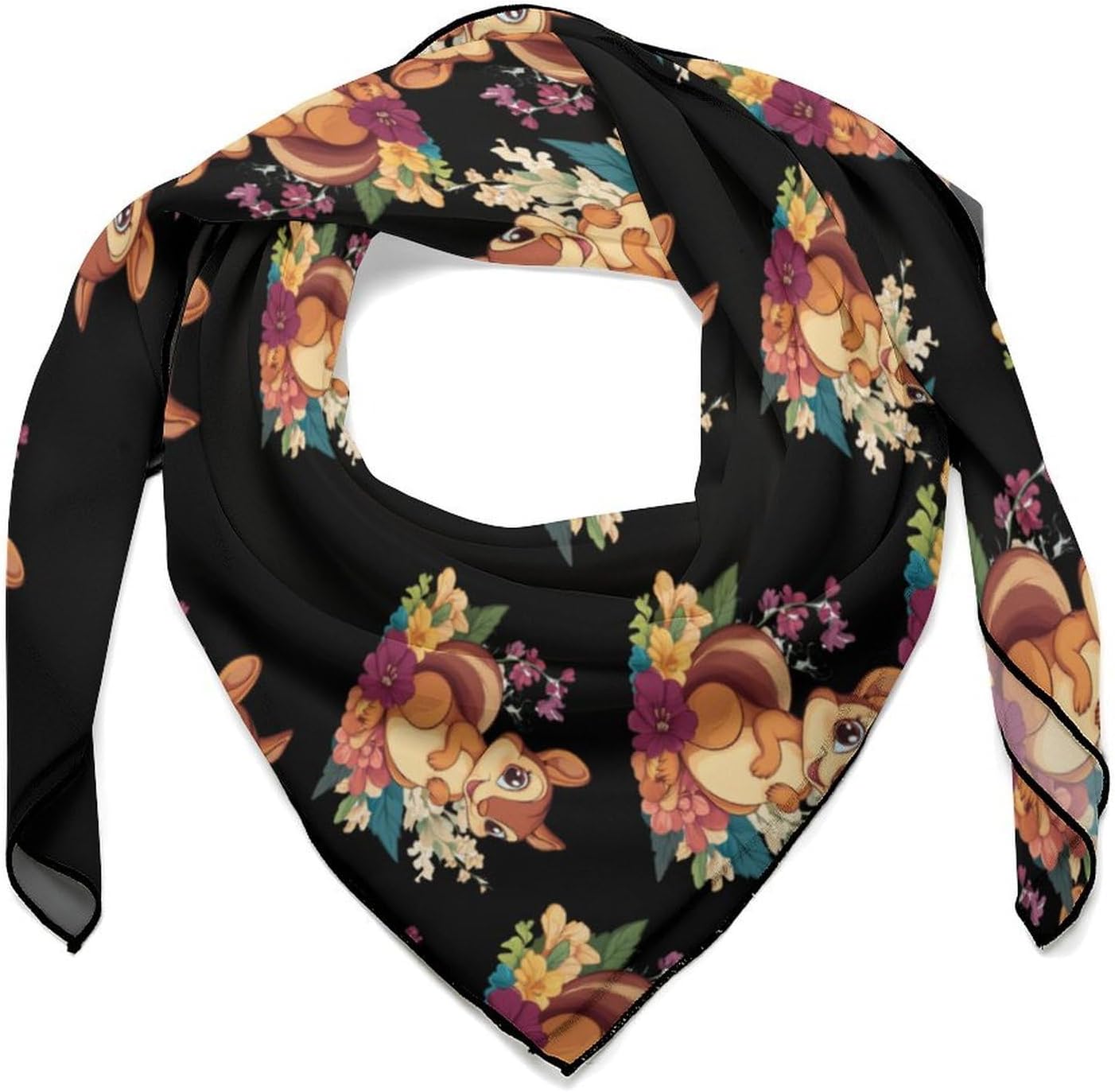 Cute Squirrel With Flowers Bandana Fashion Head Scarf Square Silk Scarf Print Neck Hair Scarfs for Women Men Gifts
