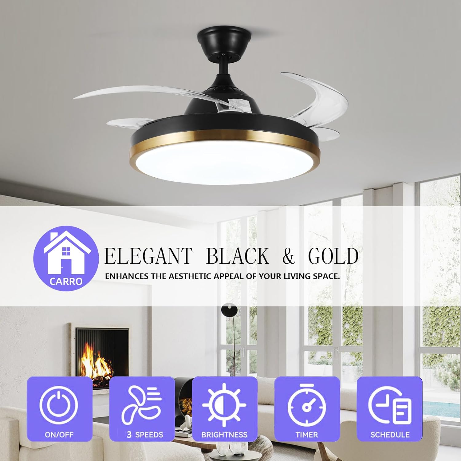 Retractable Ceiling Fan with Lights, 42" Fandelier, Black and Gold Bluetooth Ceiling Fan, Invisible Blades, Dimmable Chandelier Ceiling Fan with Remote Control