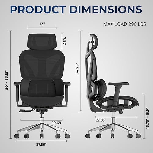 Miniatura 3 de Silla de oficina ergonómica  Silla de oficina de malla con reposacabezas, reposabrazos ajustable y soporte lumbar  Soporta hasta 290 libras