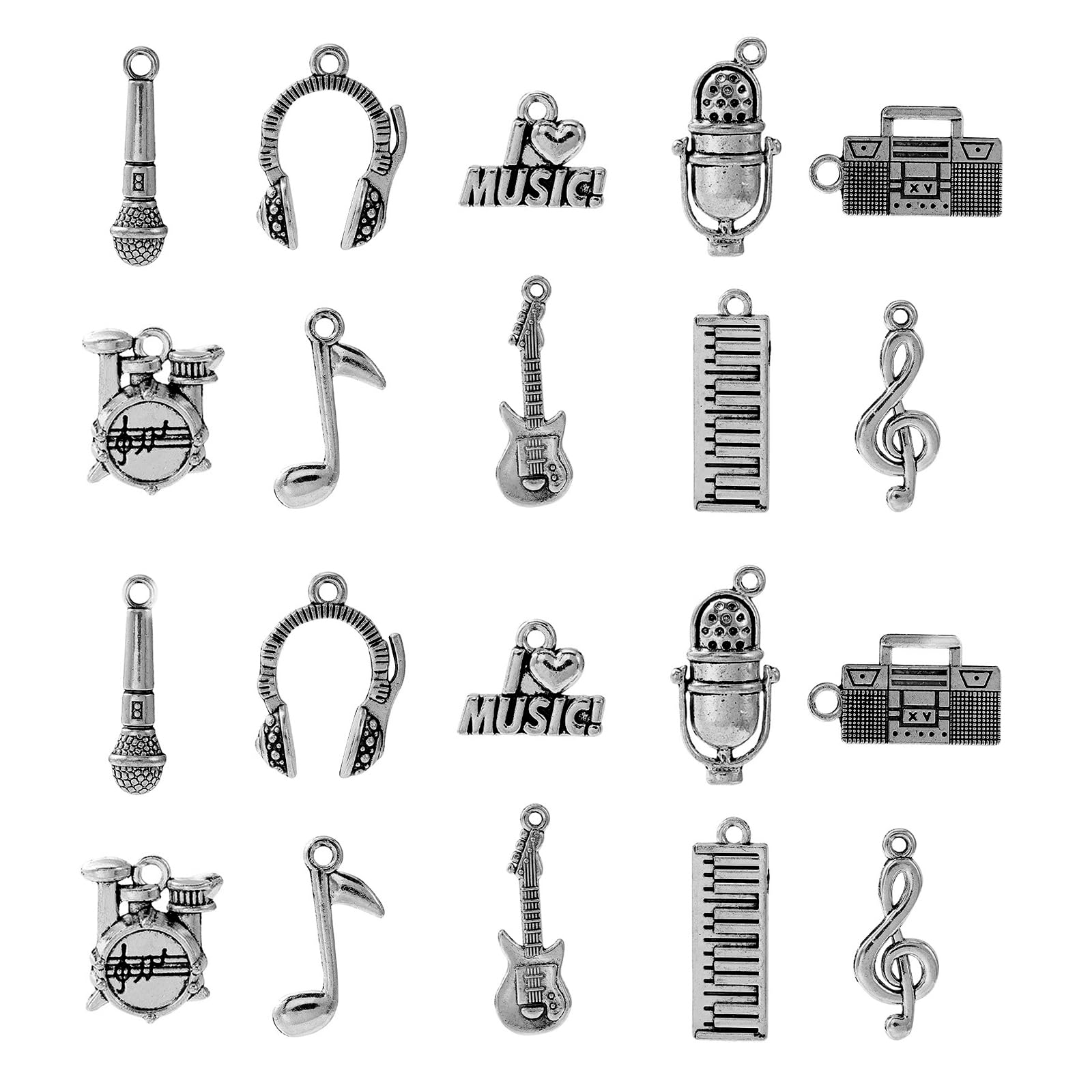Stiesy 100Pcs 10 Styles Antique Silver Music Theme Charms Tibetan Style Musical Note Instrument Charm Guitar Piano Jewelry Dangle Bulk for Bracelet Jewellery Making DIY Crafts Necklace Earring