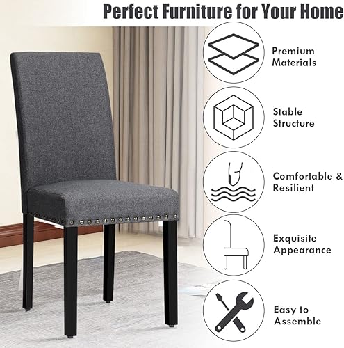 Miniatura 6 de Giantex Juego de 2 sillas de comedor tapizadas, sillas laterales de tela con patas de madera, asiento acolchado suave, ribete de cabeza de clavo,