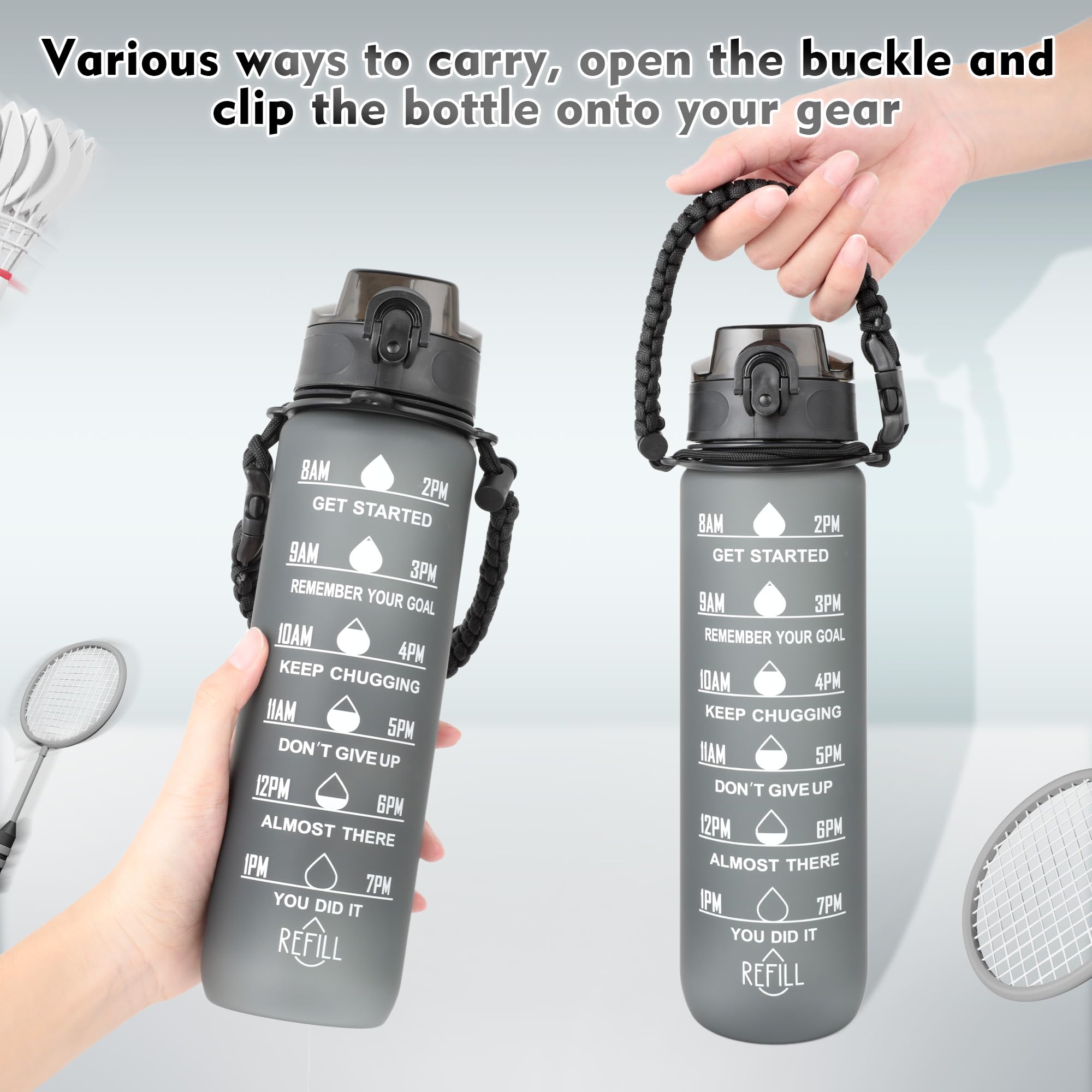 AiQInu Borraccia 1 Litro con Indicatore di Tempo e senza BPA, Aprova di Perdite, Chiusura Sicura, Cavo per Ombrello e Manico per il Trasporto Intrecciato per Palestra, Fitness e Outdoor